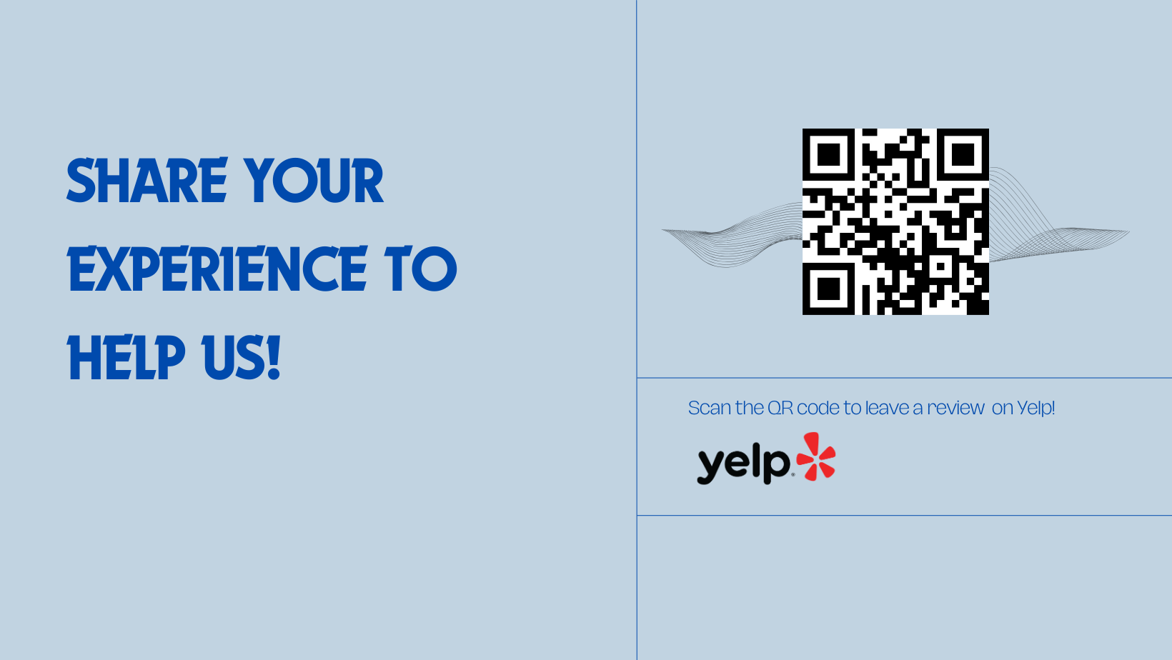 Yelp review template with a QR code, Yelp logo and a blue background