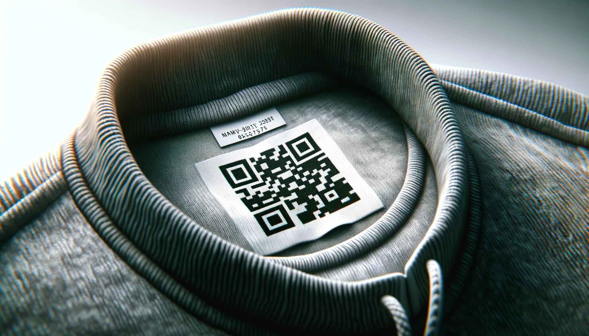 A close-up of a clothing item showcasing a small QR code