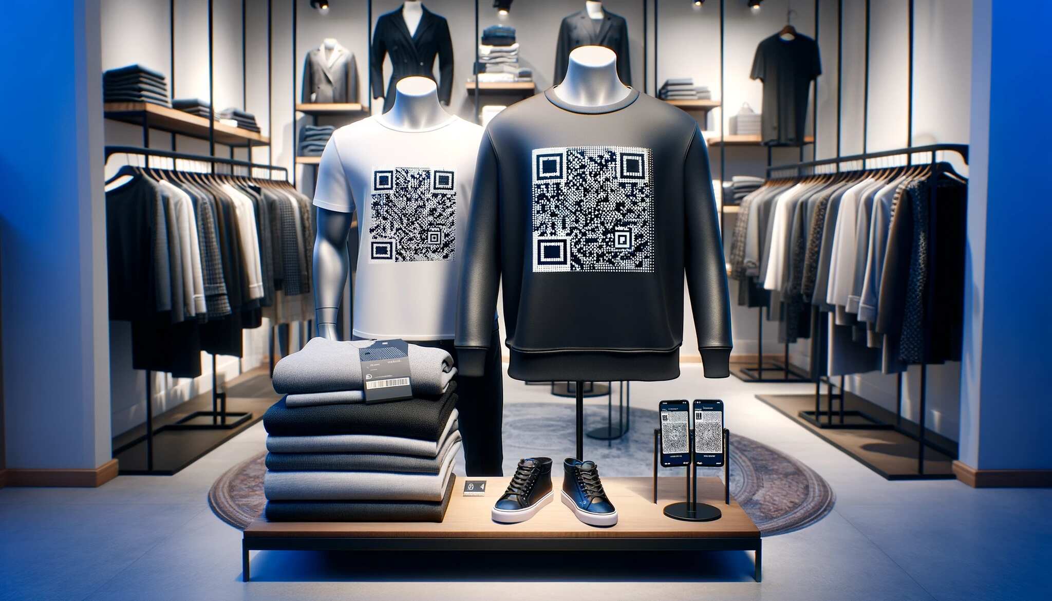 a fashion store display featuring clothing items with QR codes