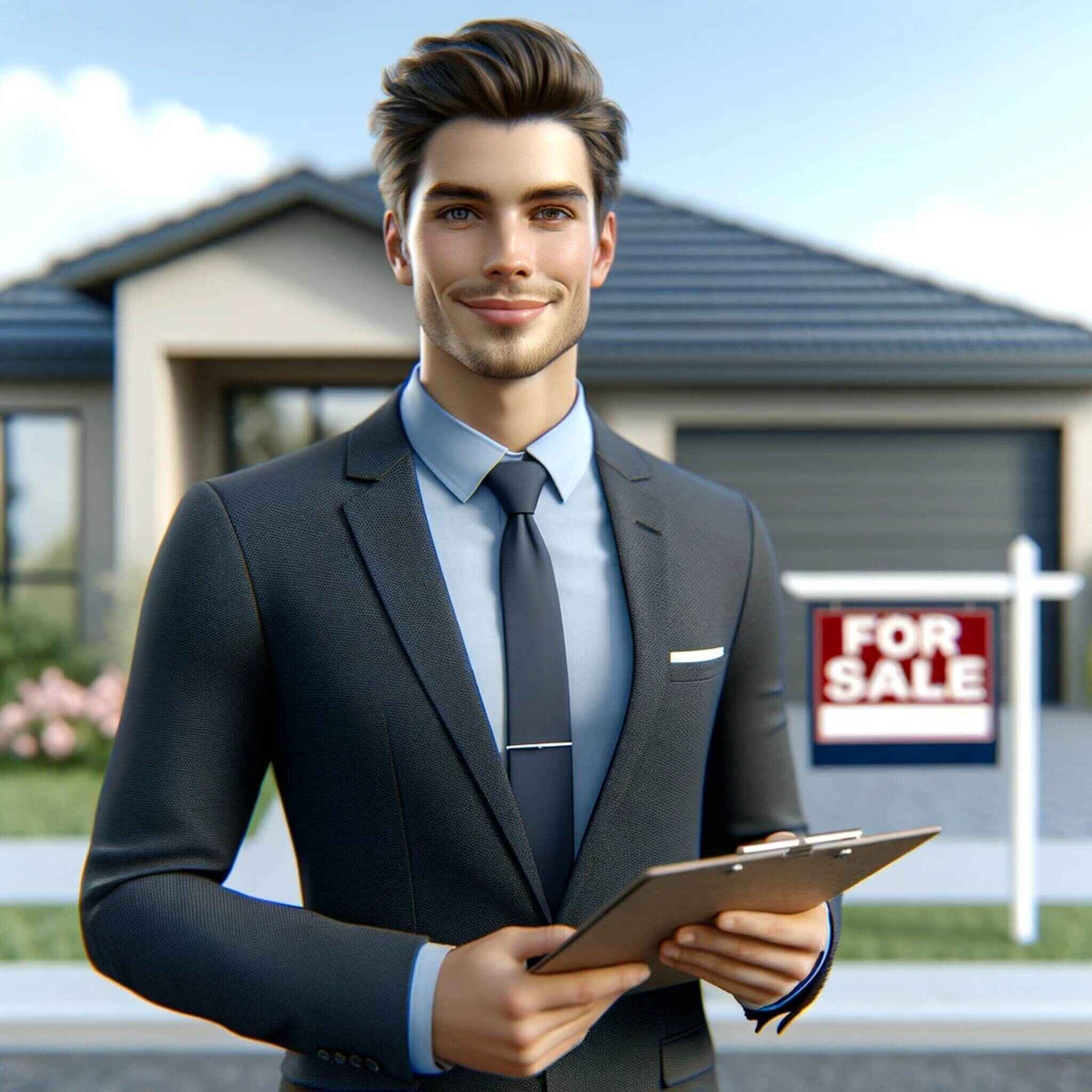 The realtor is standing in front of a property for sale, holding a clipboard and smiling
