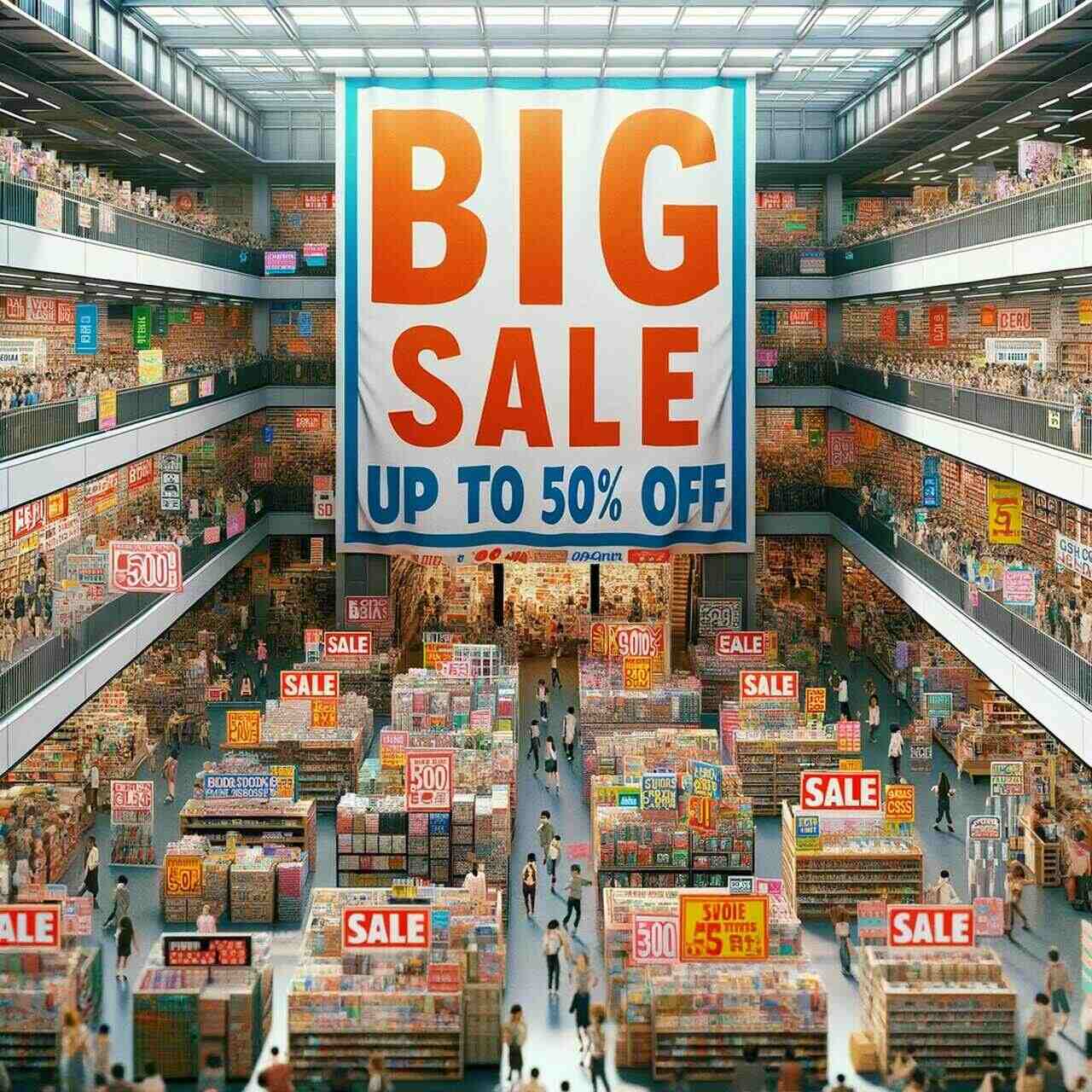A bustling retail store with a large, colorful discount banner. The banner reads 'Big Sale - Up to 50% Off' and is prominently displayed above the store