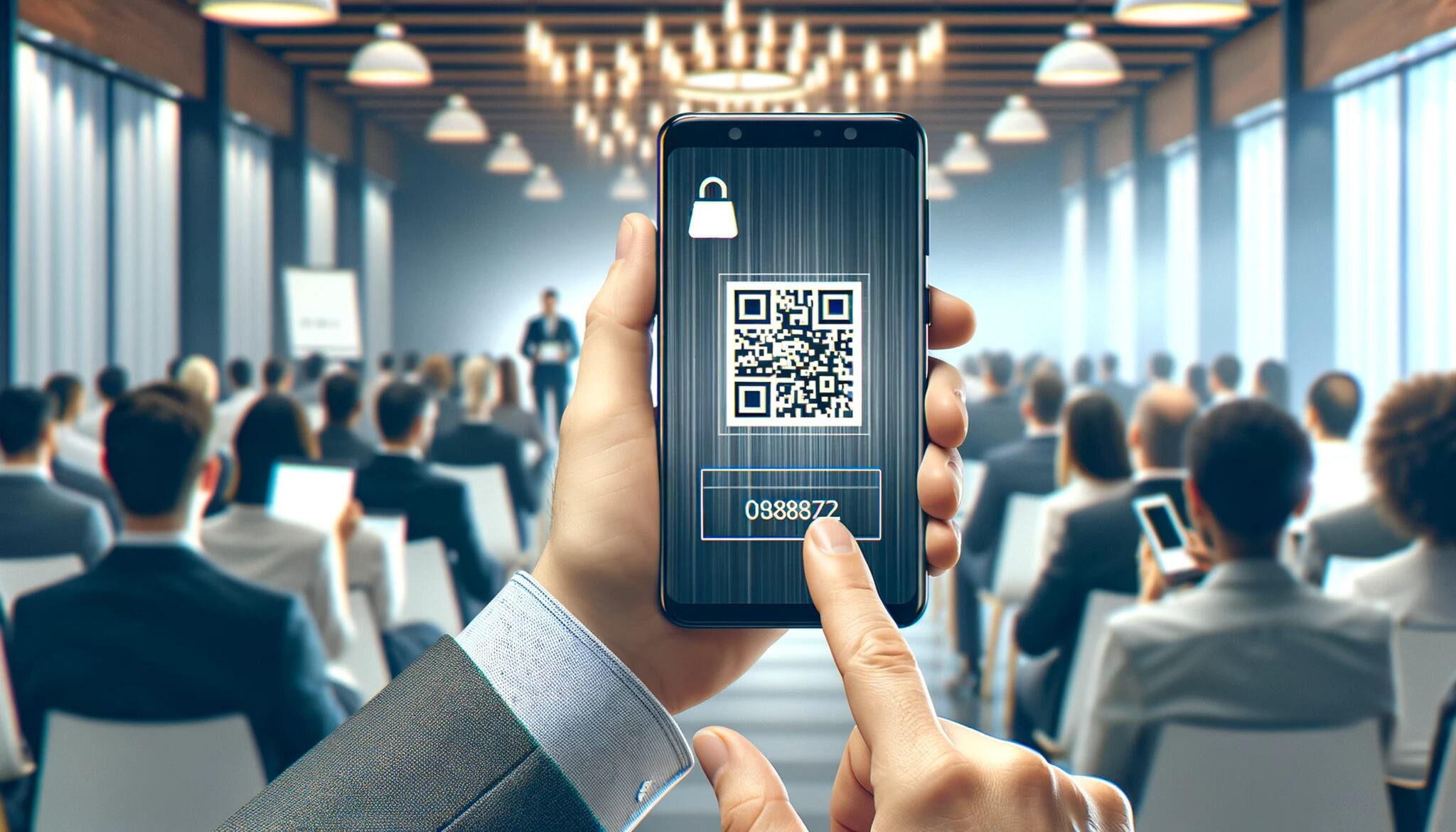 a smartphone displaying a QR code for attendance