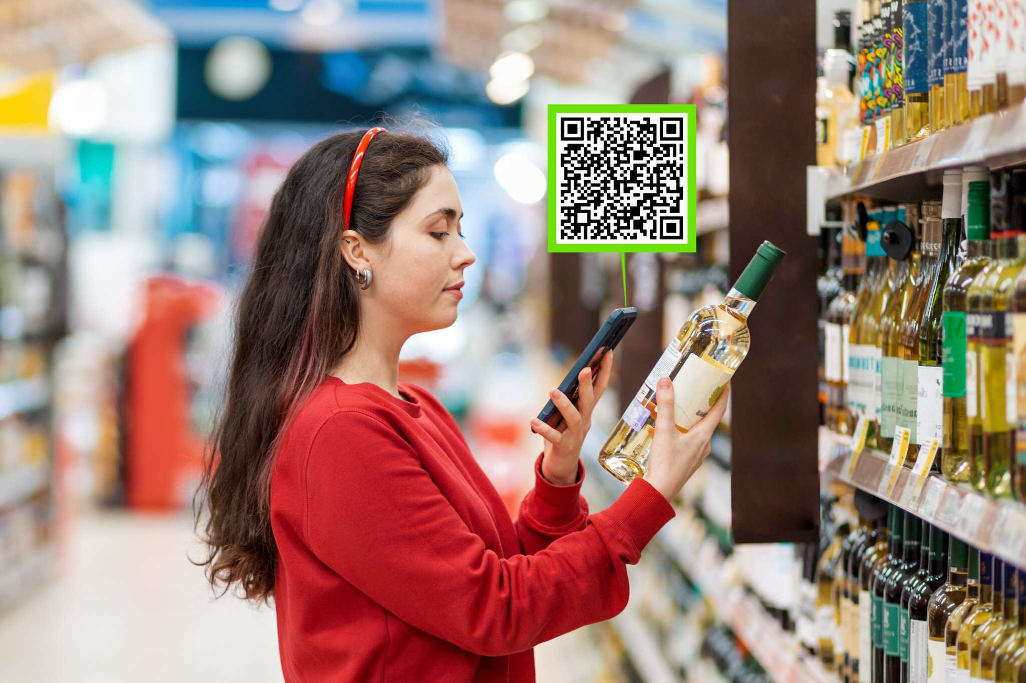 a woman scanning a QR code of a wine bottle at the supermarket