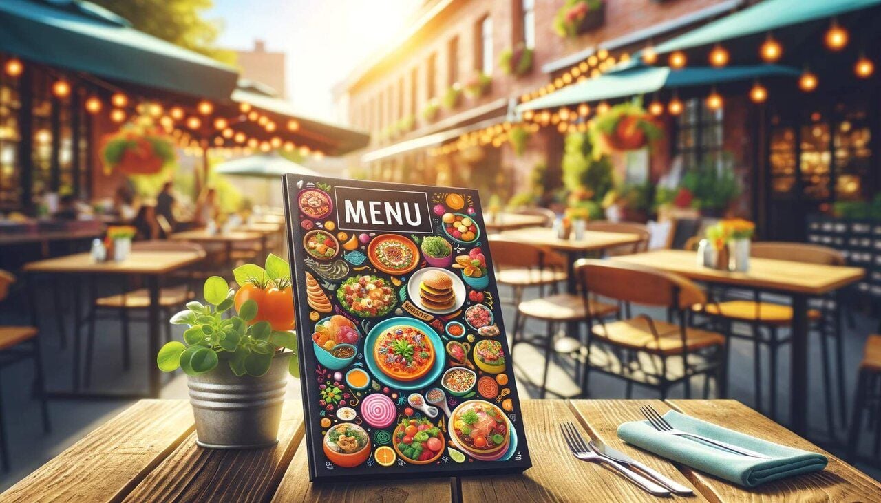 lively and colorful outdoor dining area of a restaurant, with a focus on a menu placed on a table
