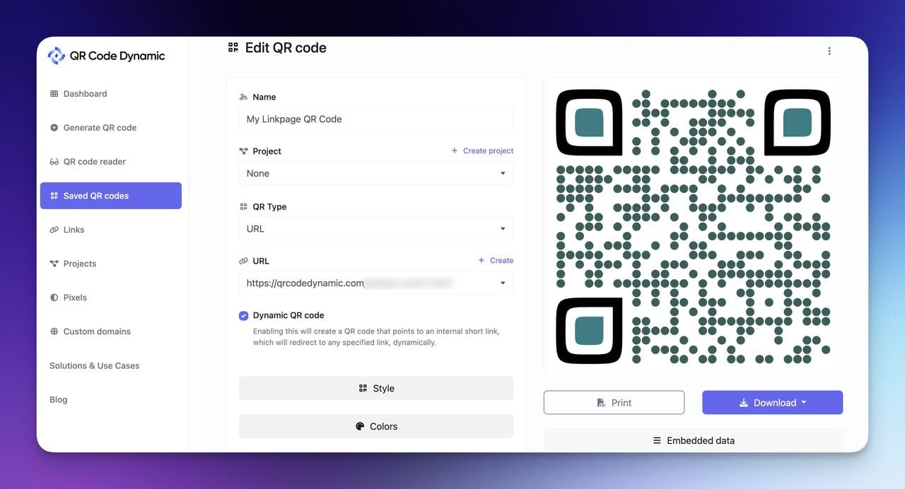 a screenshot of creating a linkpage QR code with QRCodeDynamic