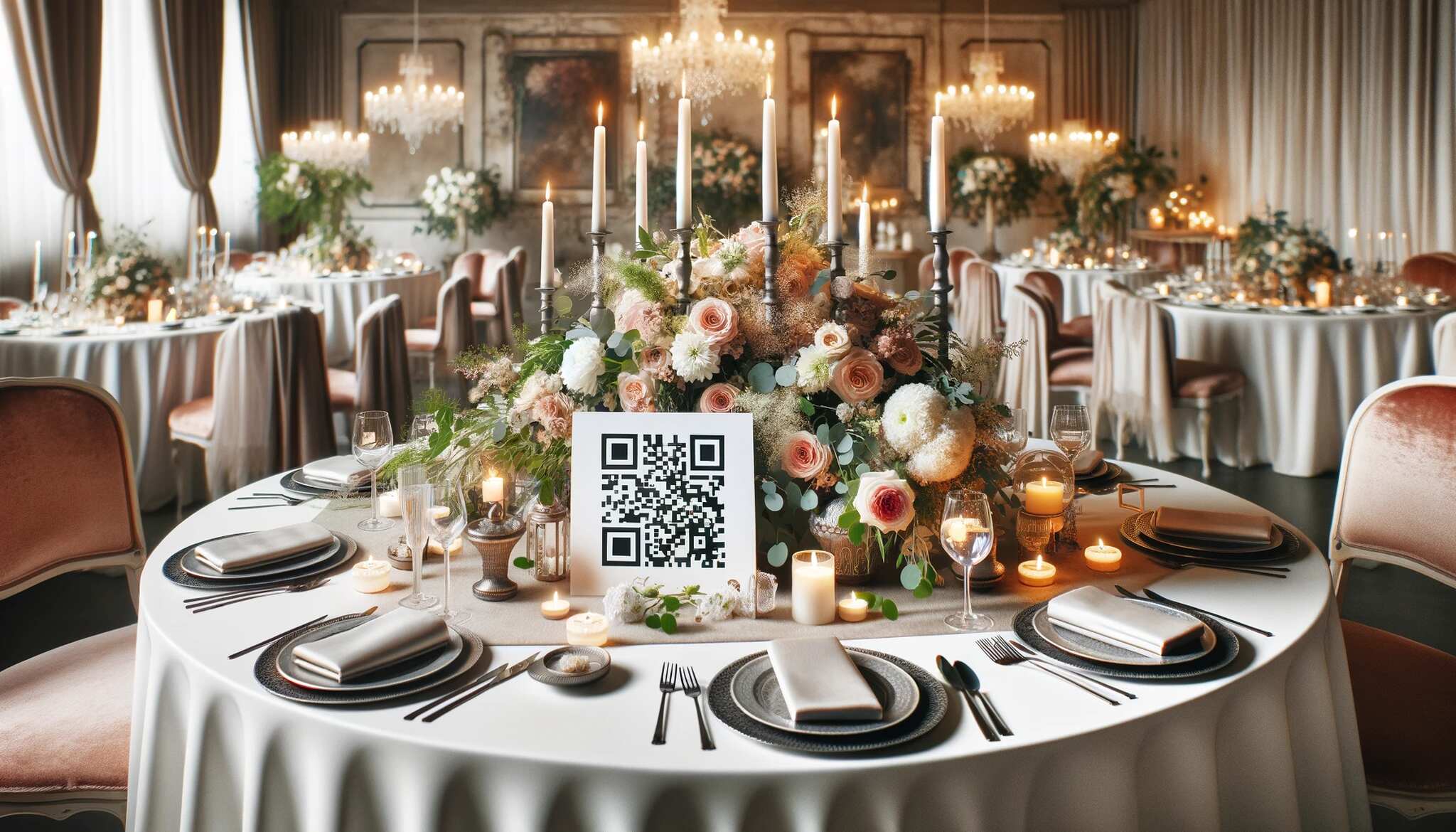 elegant wedding reception area with a qr code on table
