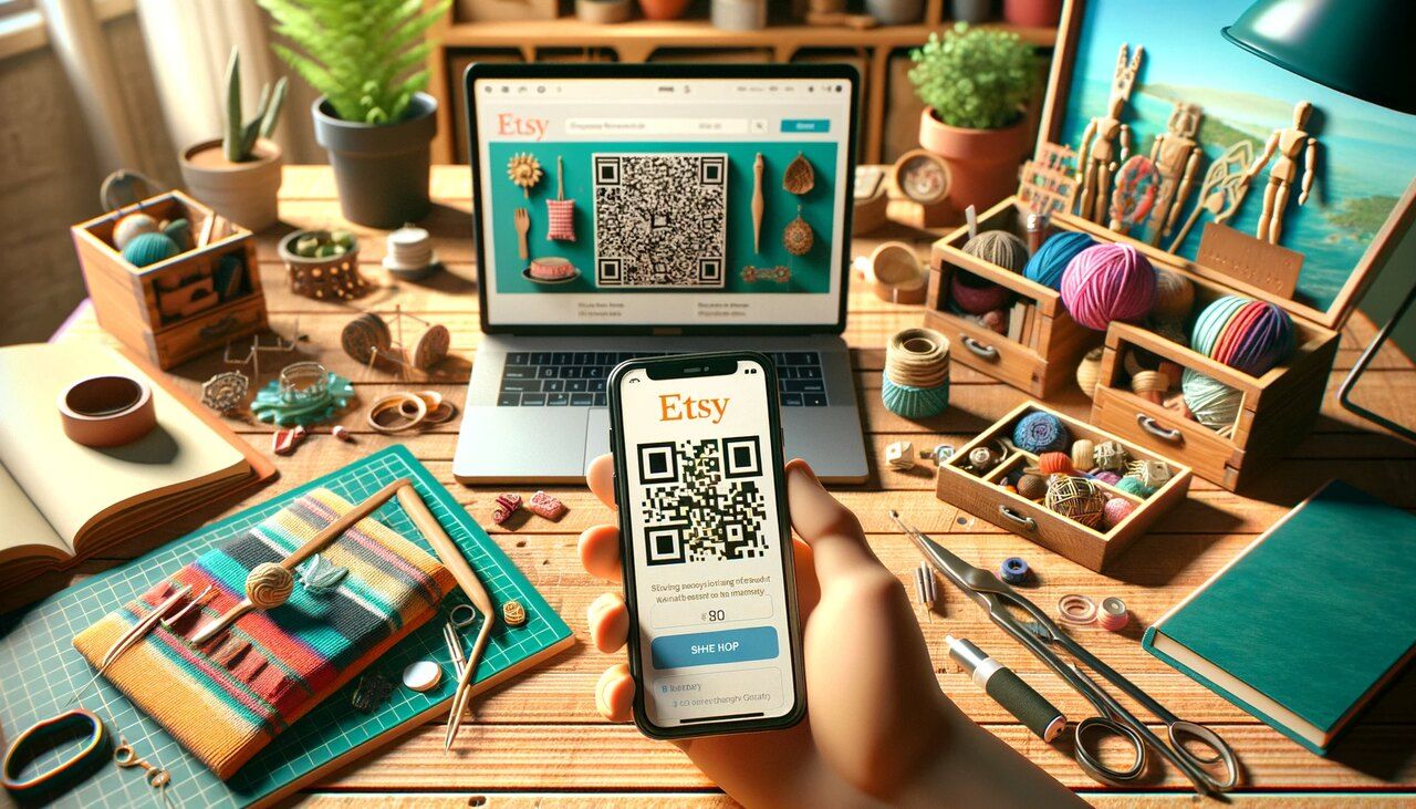 vibrant home office desk setting smartphone displaying an Etsy QR code