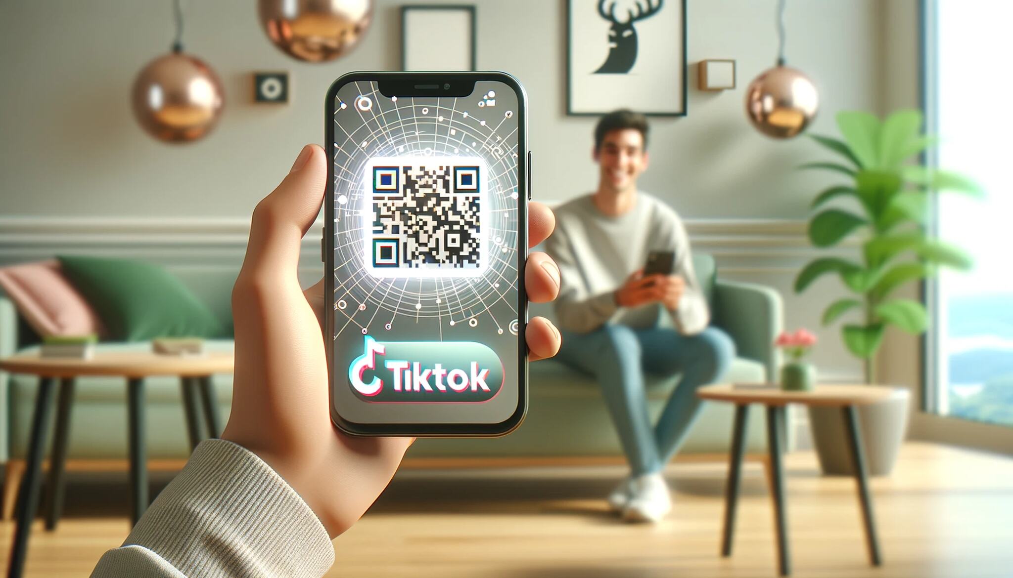modern smartphone displaying the TikTok app with a QR code on the screen