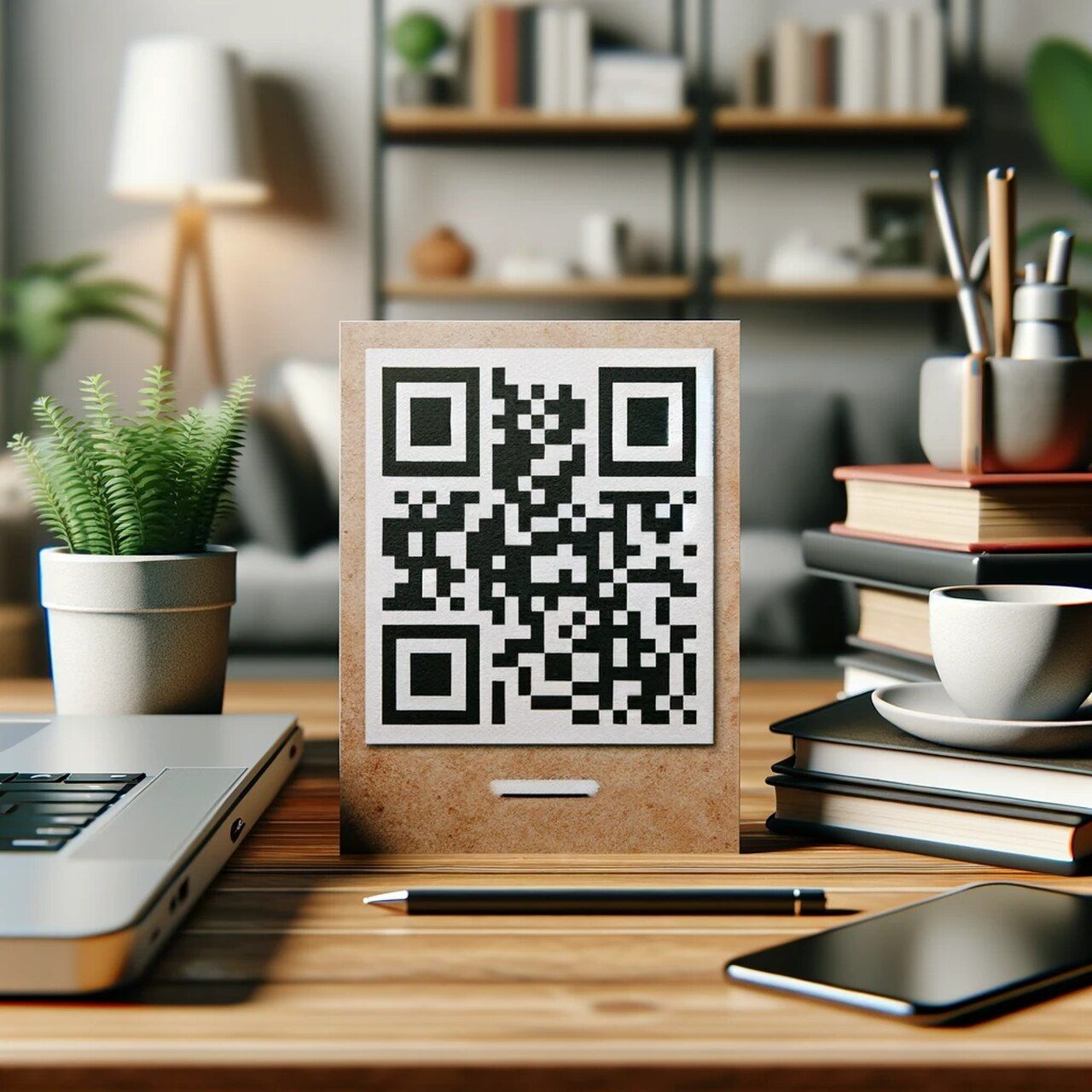 office desk with a QR code