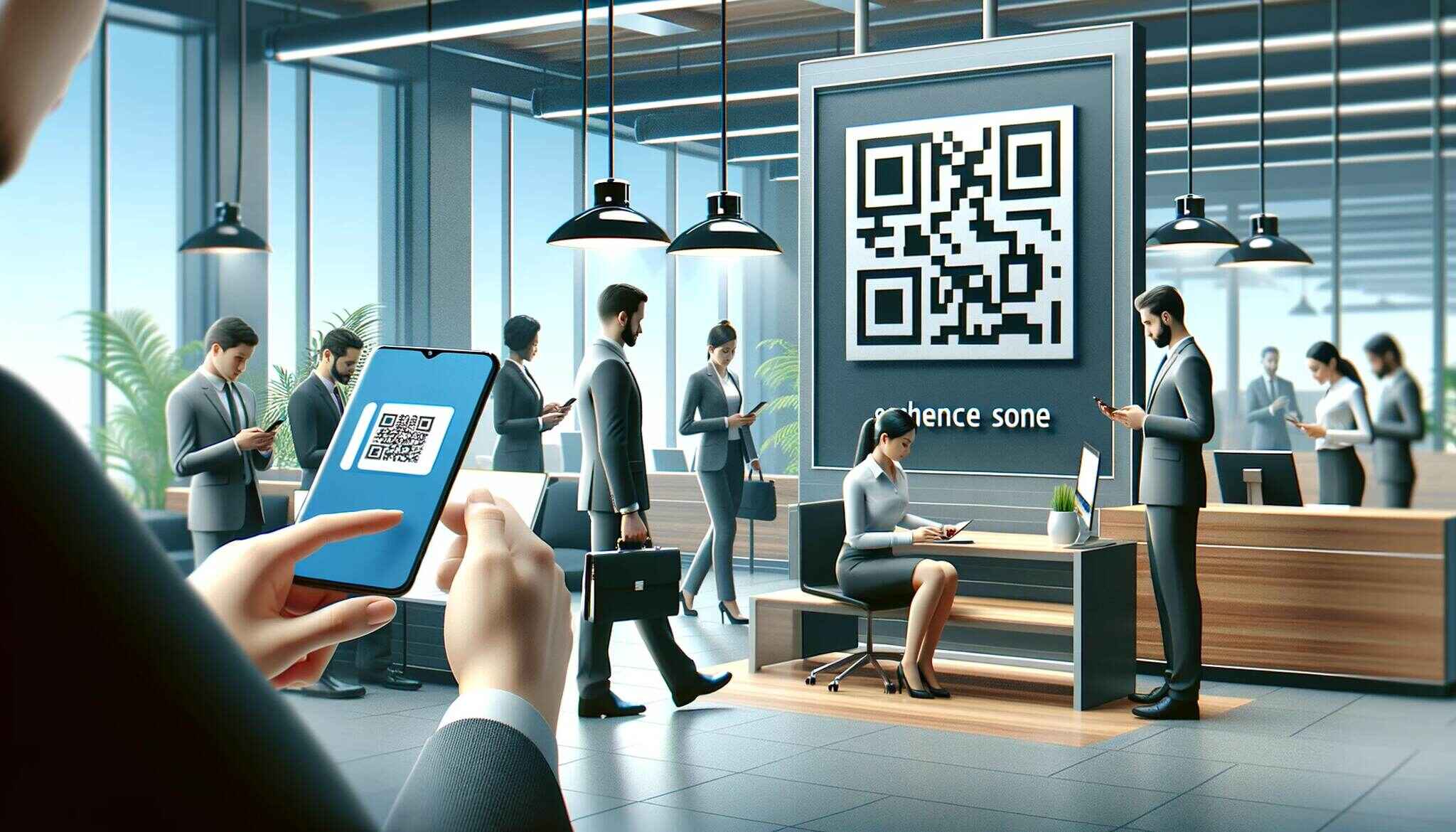 office setting with employees and a QR code