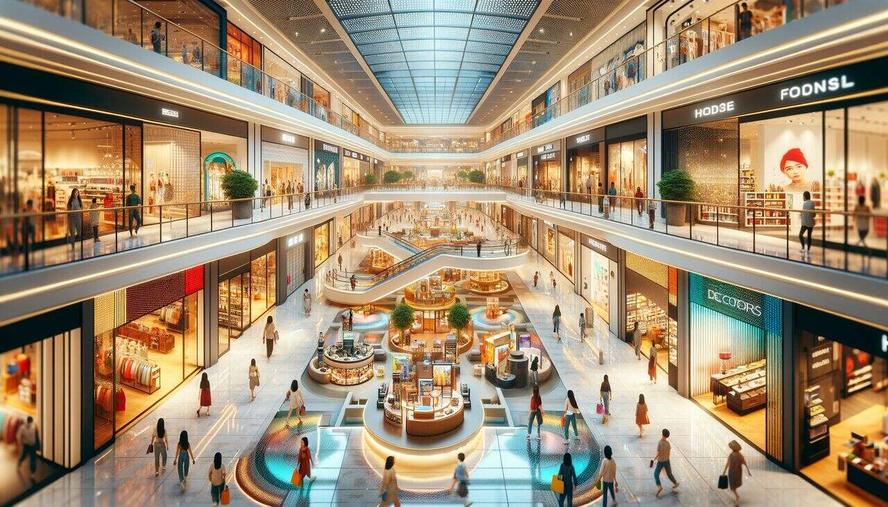 panoramic view of a modern shopping mall, representing the dynamic and diverse nature of the retail industry