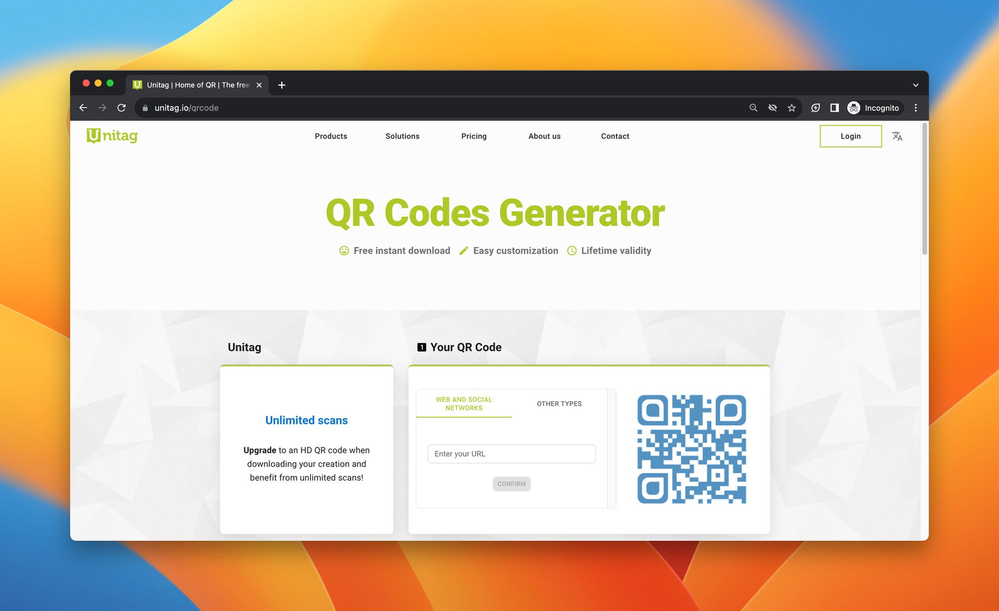 A screenshot of the landing page of QR Code Generator by Unitag, which is a Uniqode alternative