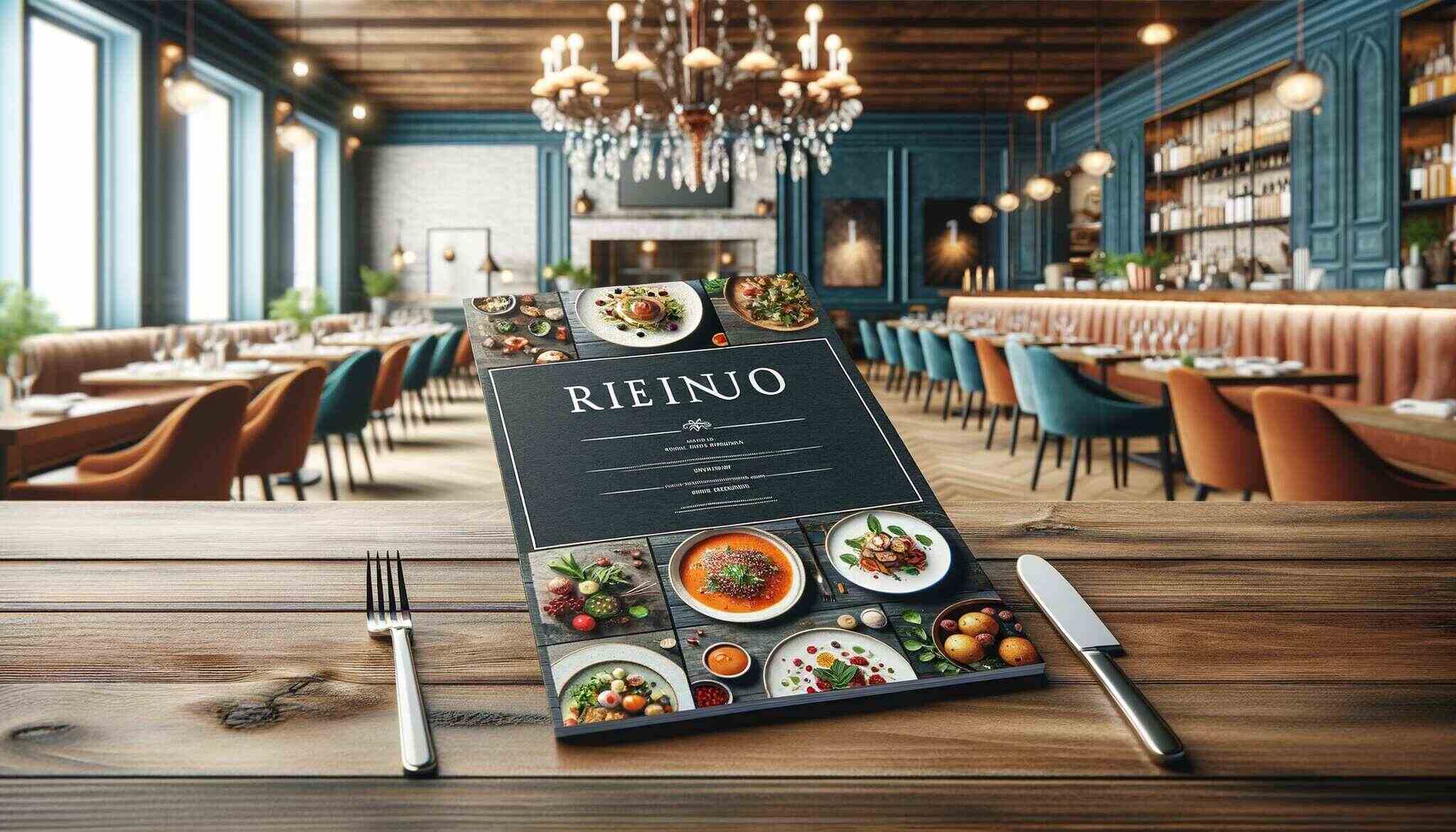 restaurant menu with an elegant, modern layout and vivid images of gourmet dishes, placed on a wooden table