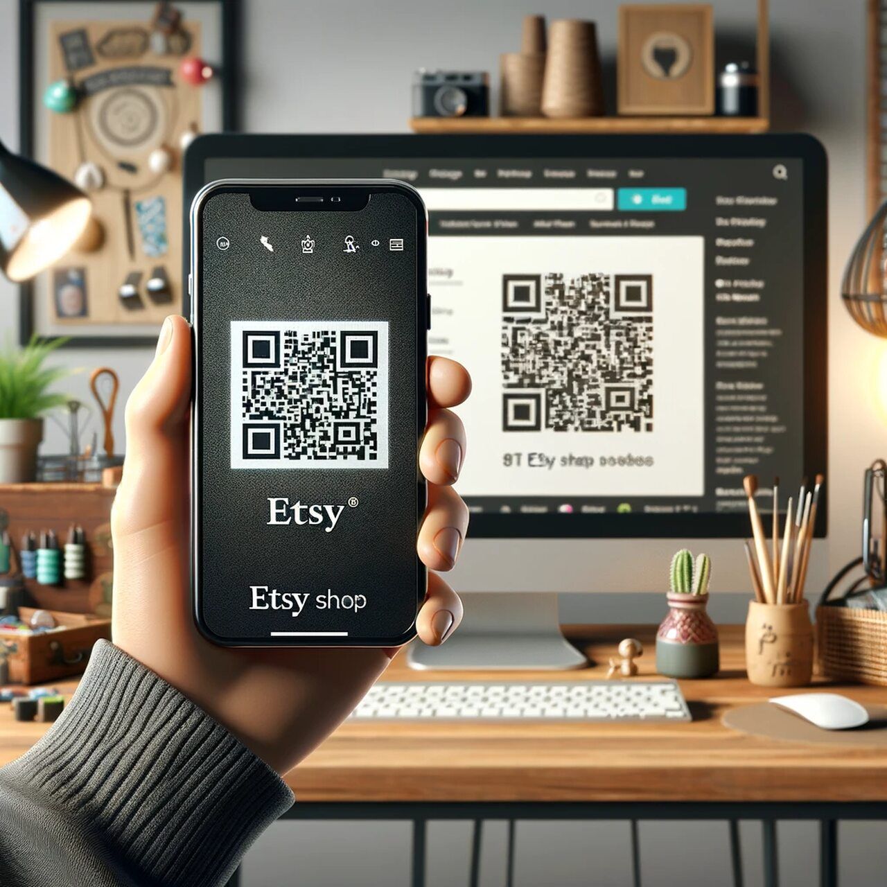 smartphone held in hand, displaying an Etsy QR code on its screen