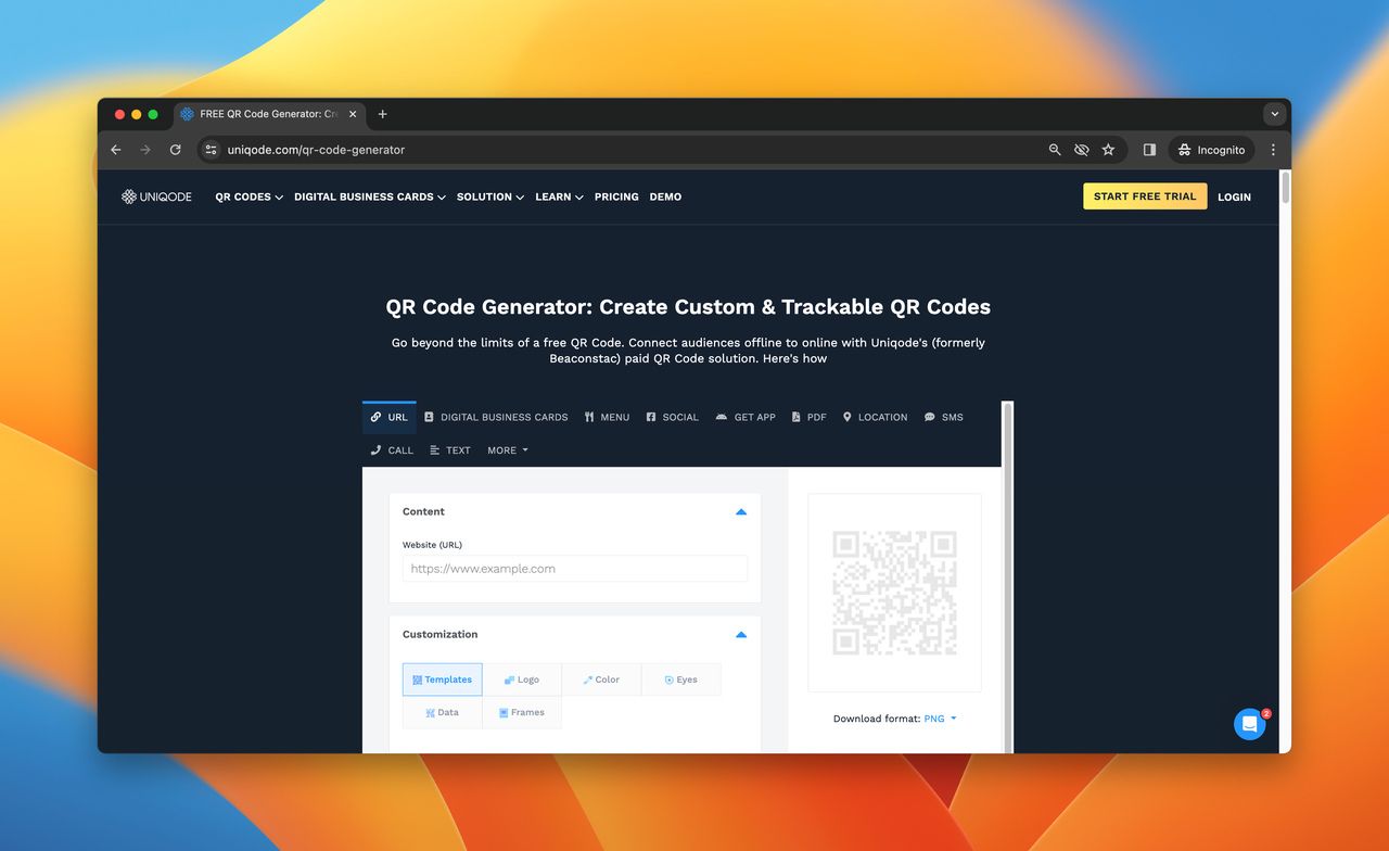 A screenshot of landing page of Uniqode QR Codes, which is a QR Code Chimp alternative