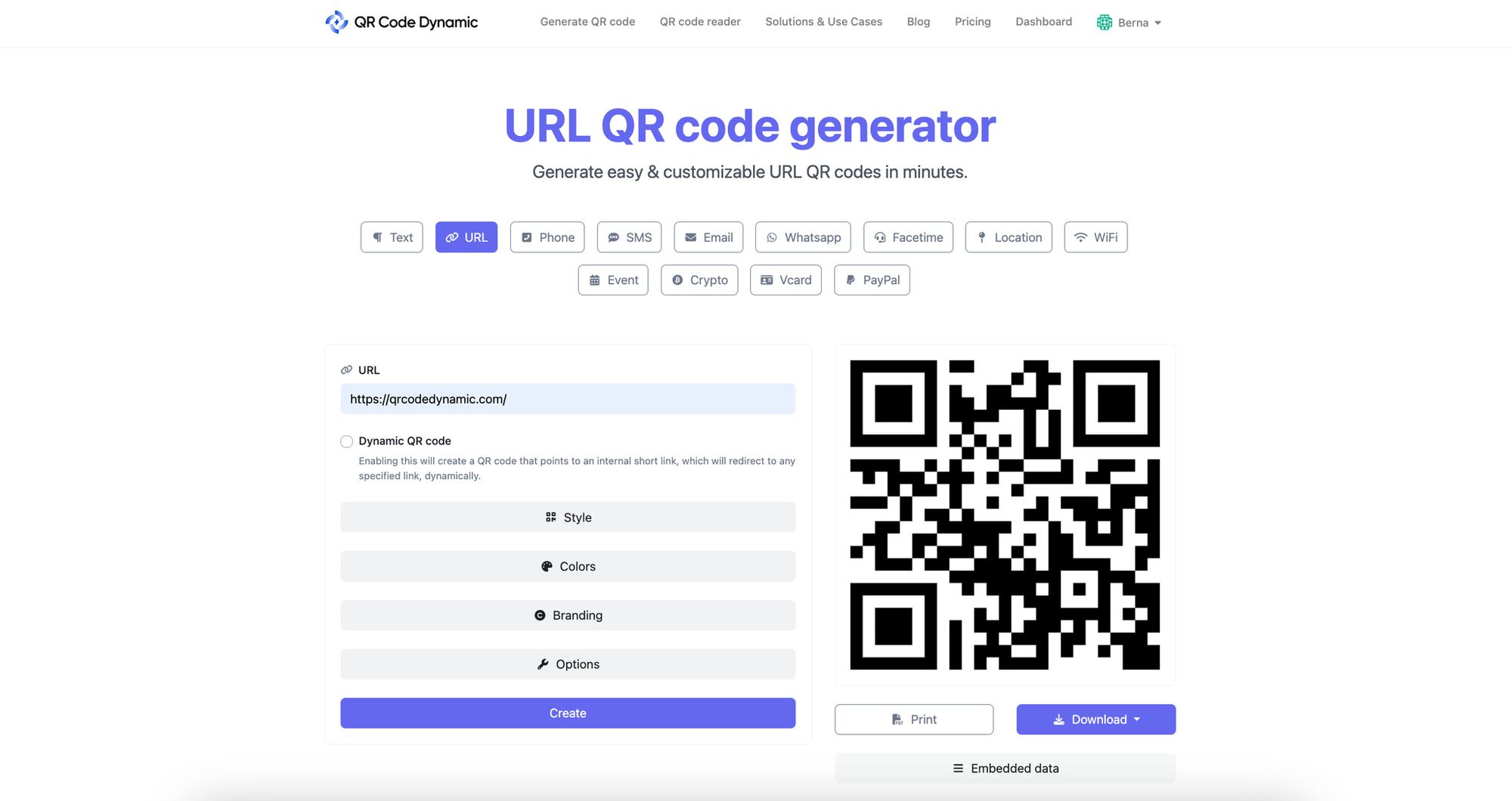 a screenshot of creating a URL QR code on QRCodeDynamic