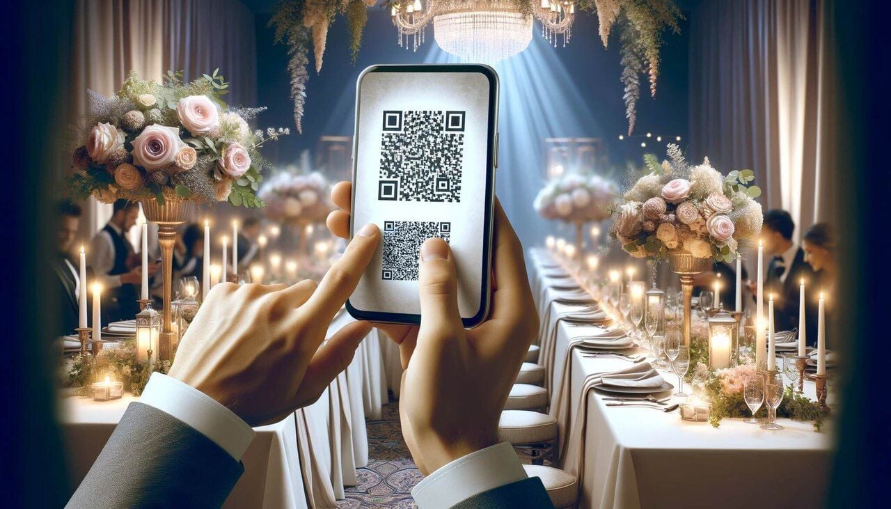 wedding scene with guests using smartphones to scan QR codes displayed on tables