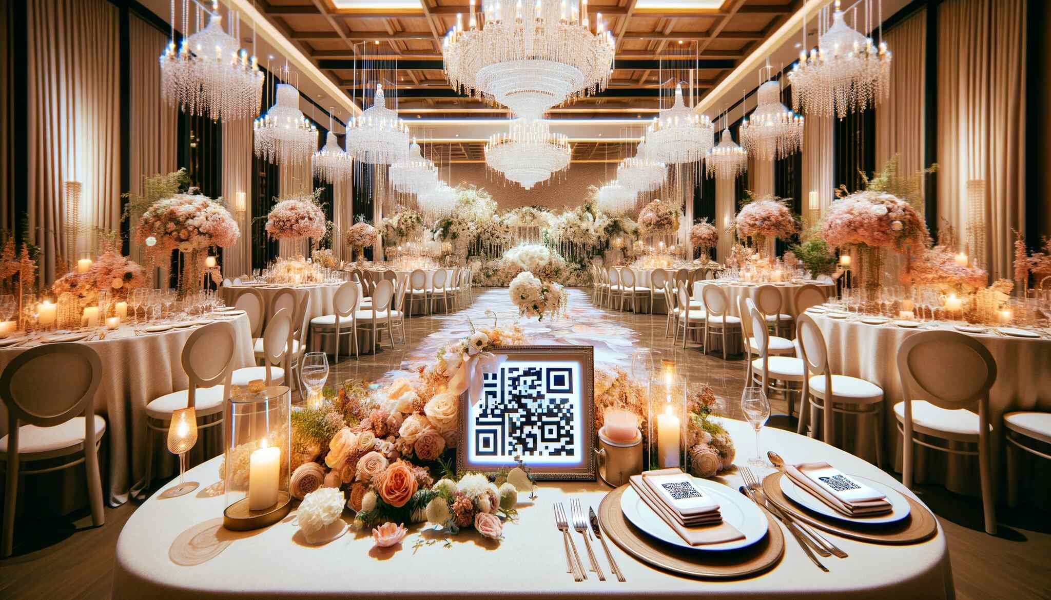wedding venue with a QR code elegantly displayed on tables and on the walls