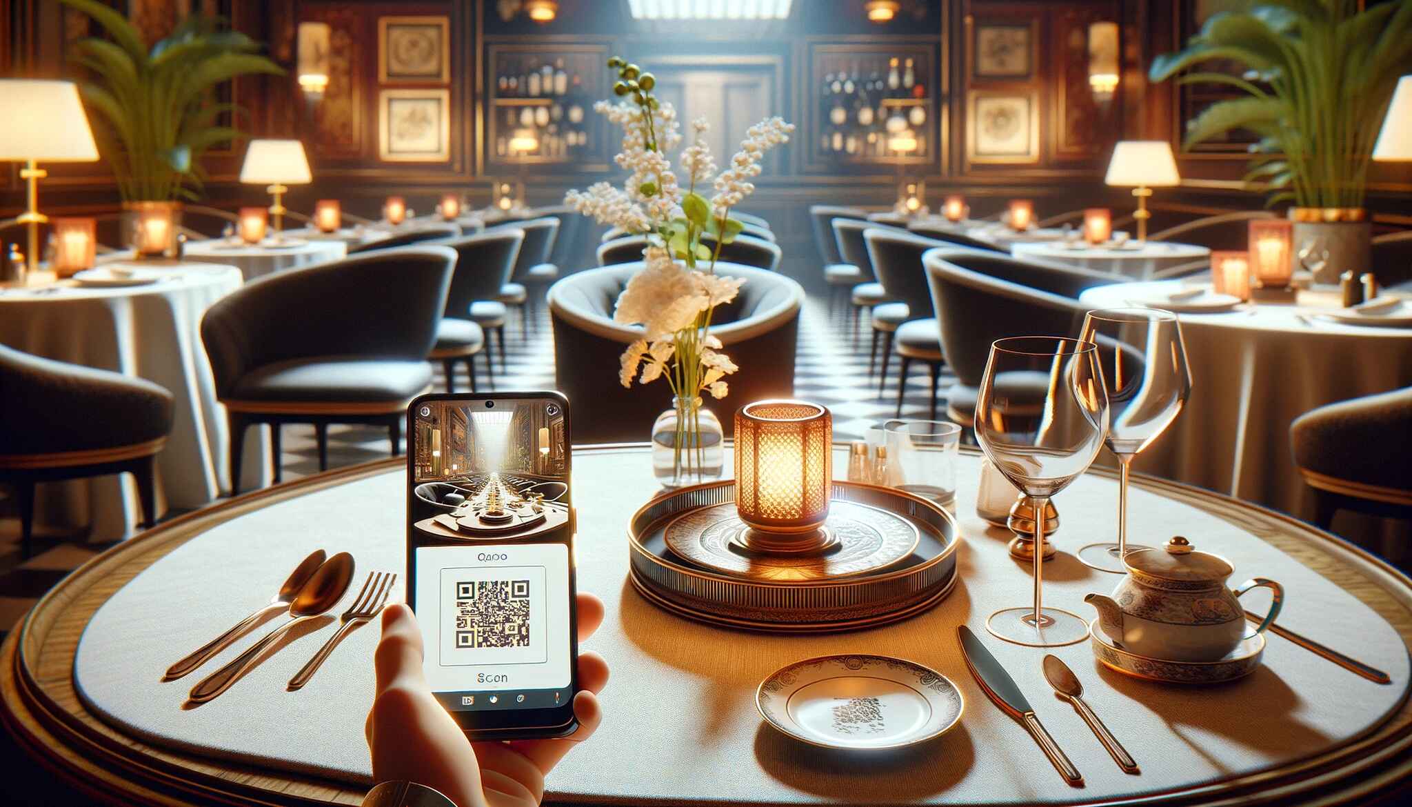 A customer using a smartphone to scan a QR code at a fancy restaurant