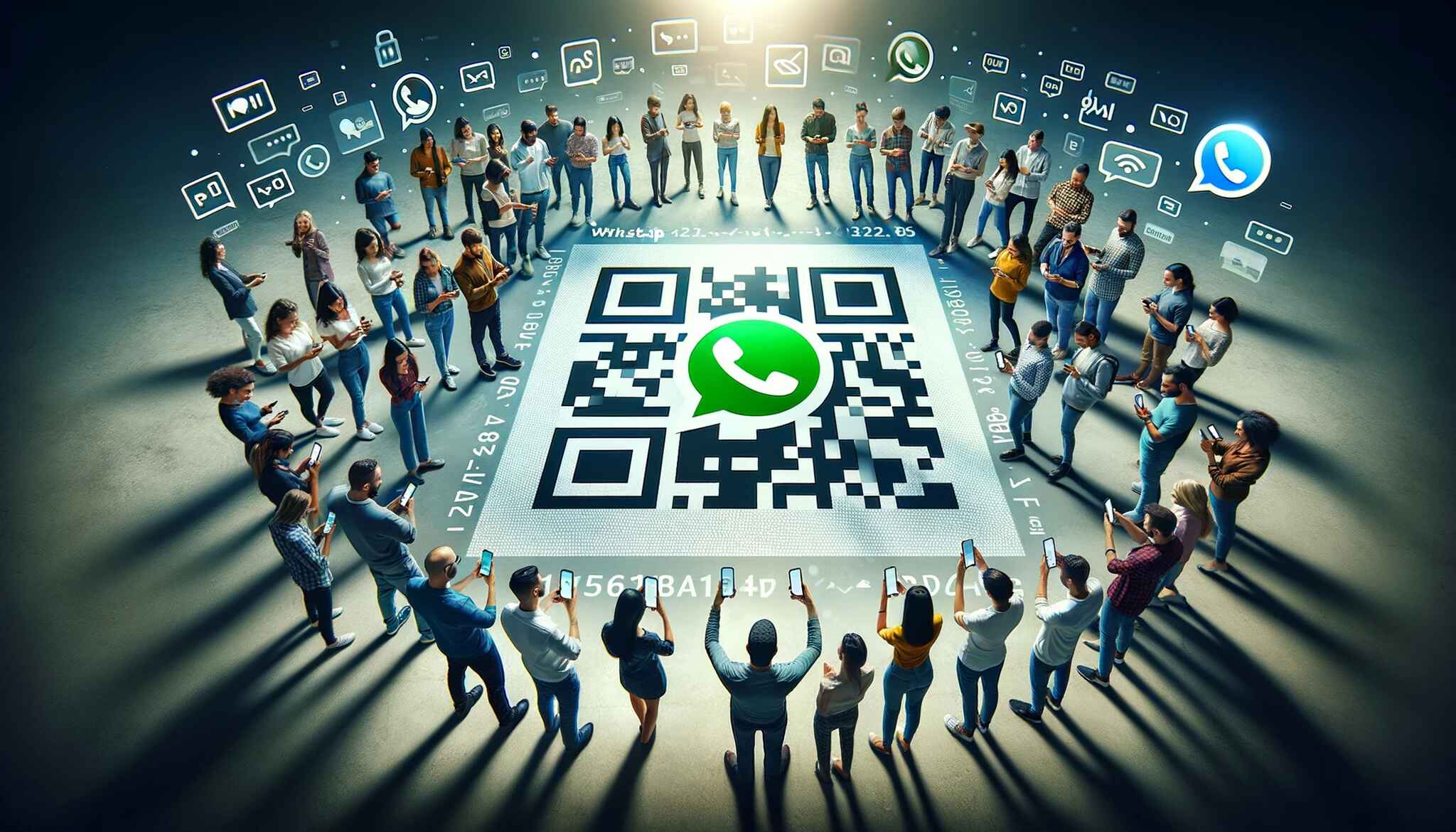 A group of people around a large WhatsApp QR code