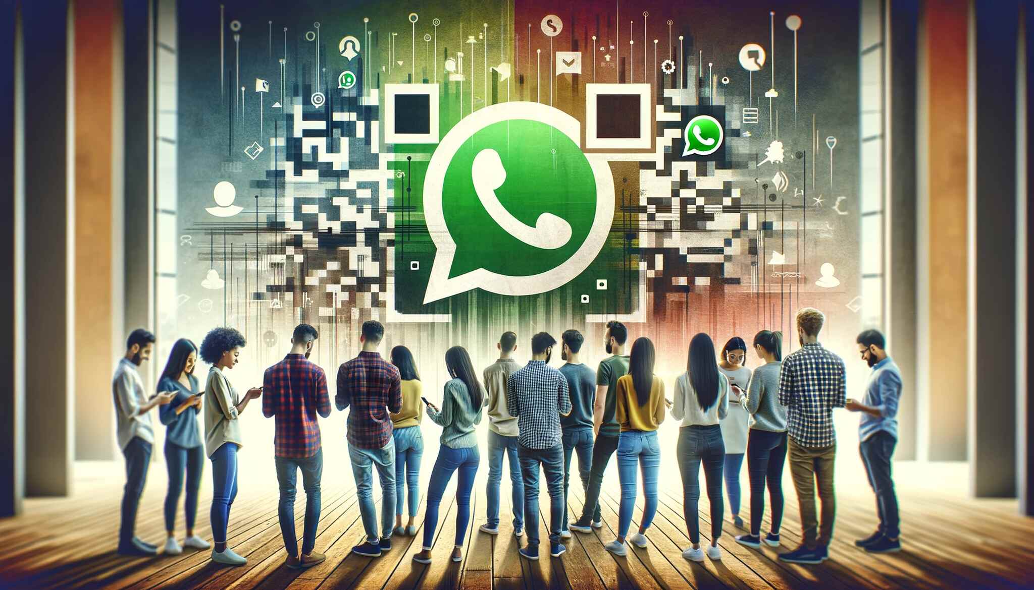  A group of people standing together and scanning a QR code with their smartphones, with a subtle and abstract representation of WhatsApp logo