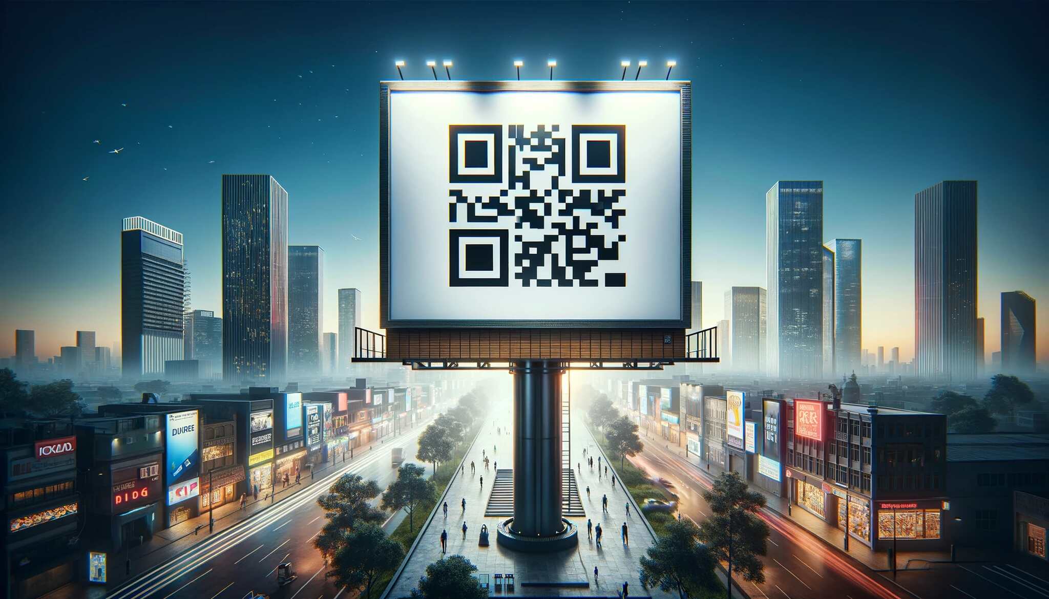 A modern city view with a QR code on billboard and buildings behind it