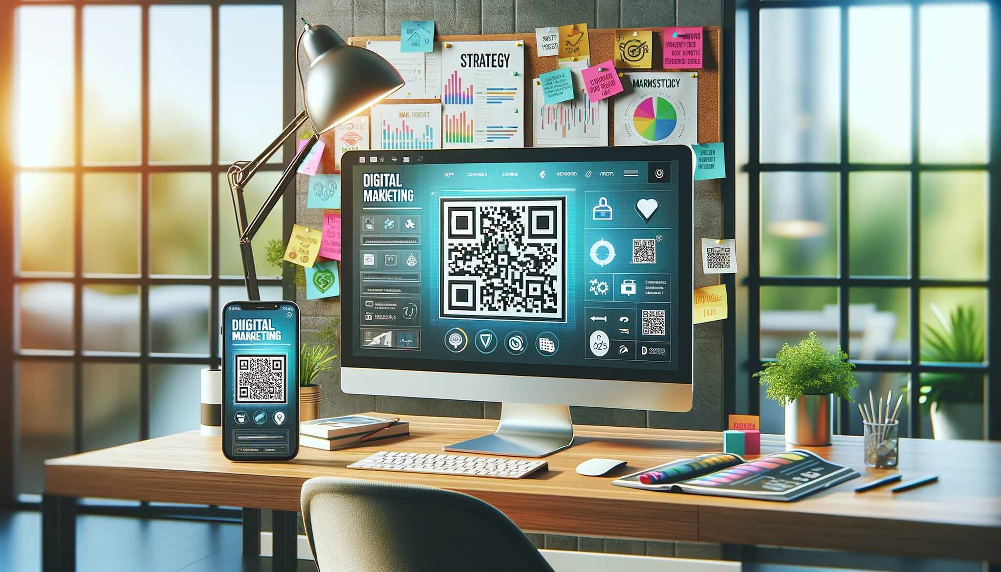 A modern office workspace, with a monitor displaying a QR code