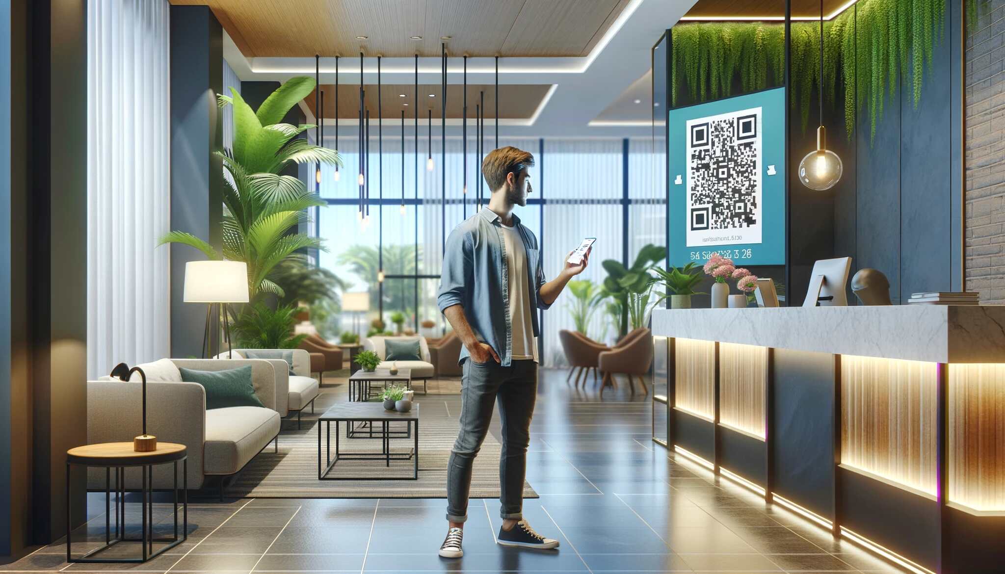 A person in a modern hotel lobby and a QR code at the background