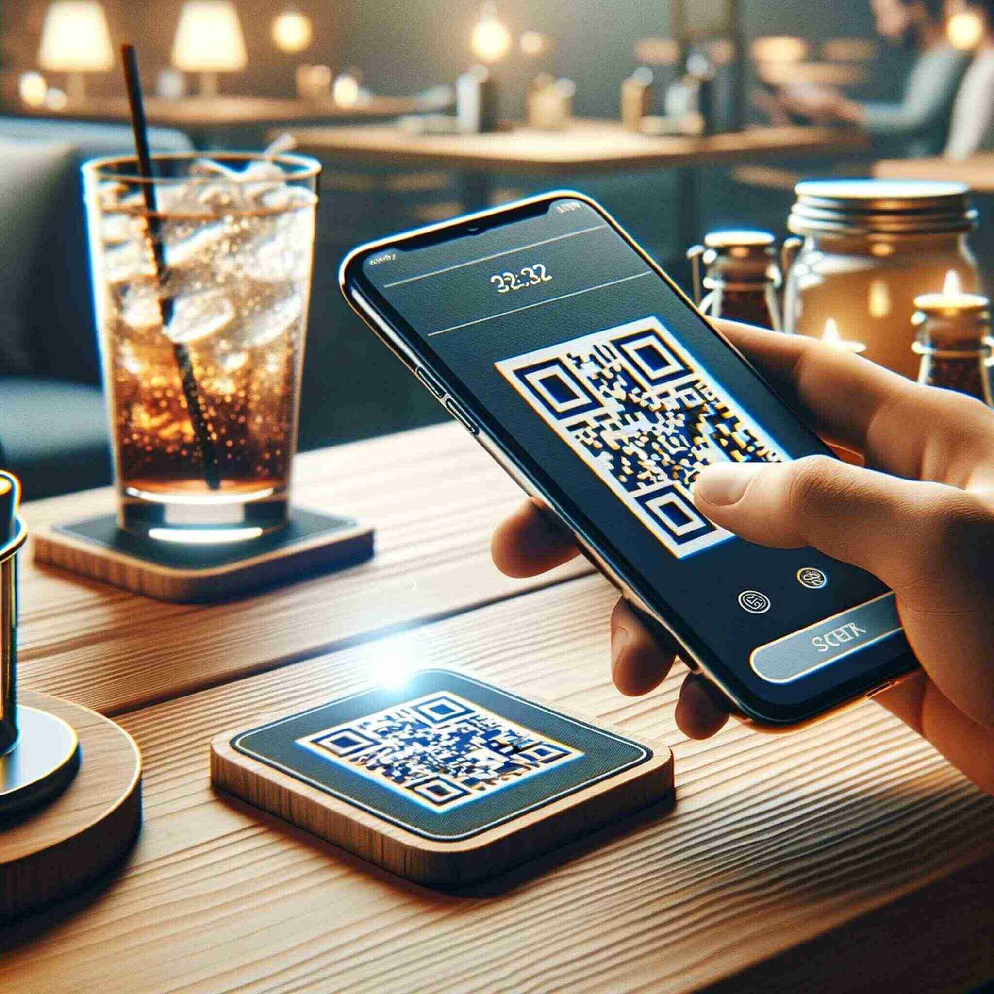 a person scanning a QR code on a coaster with their smartphone