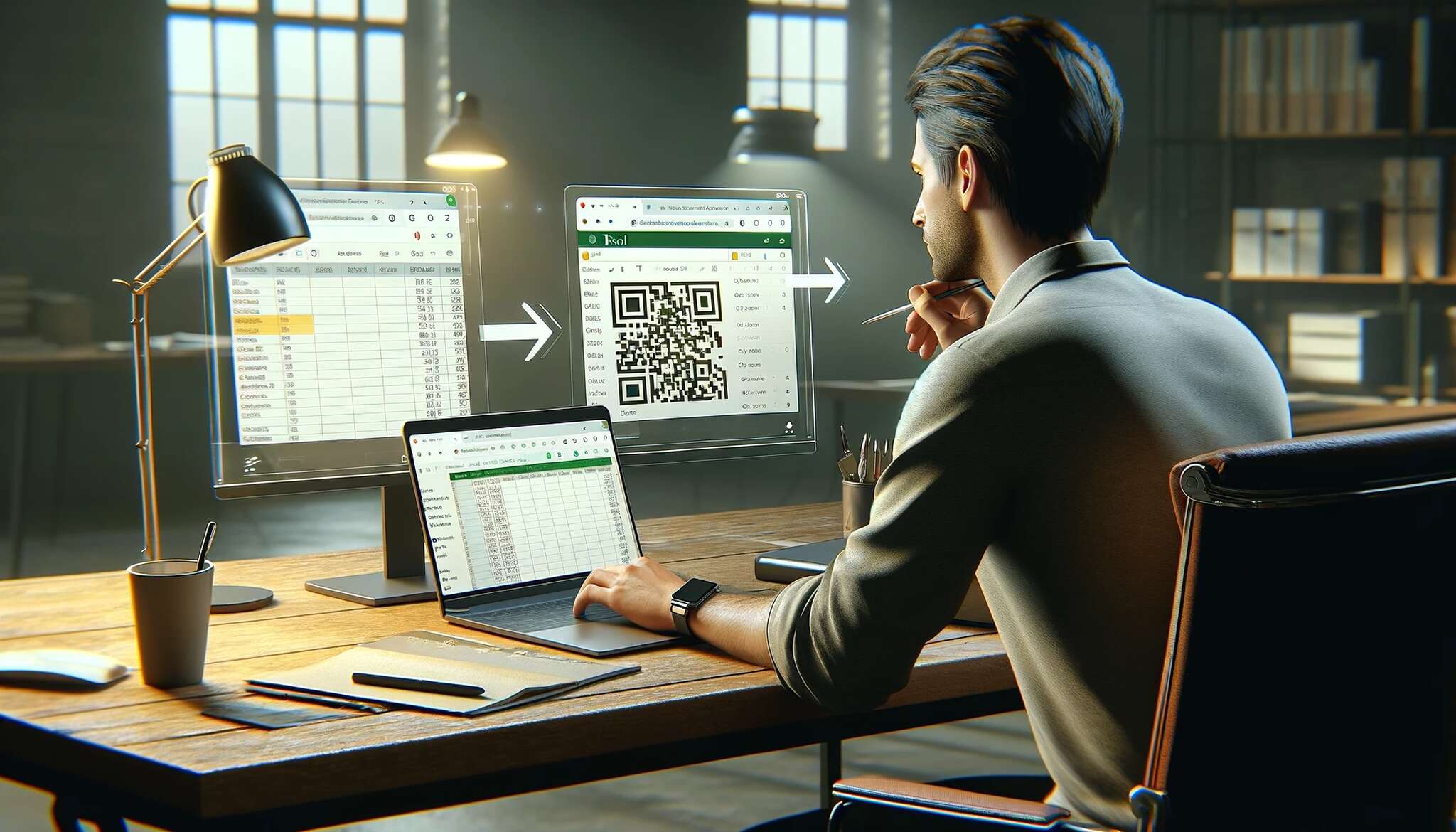 a person sitting at a desk, looking at a laptop screen that displays both Google Sheets and Excel with QR code