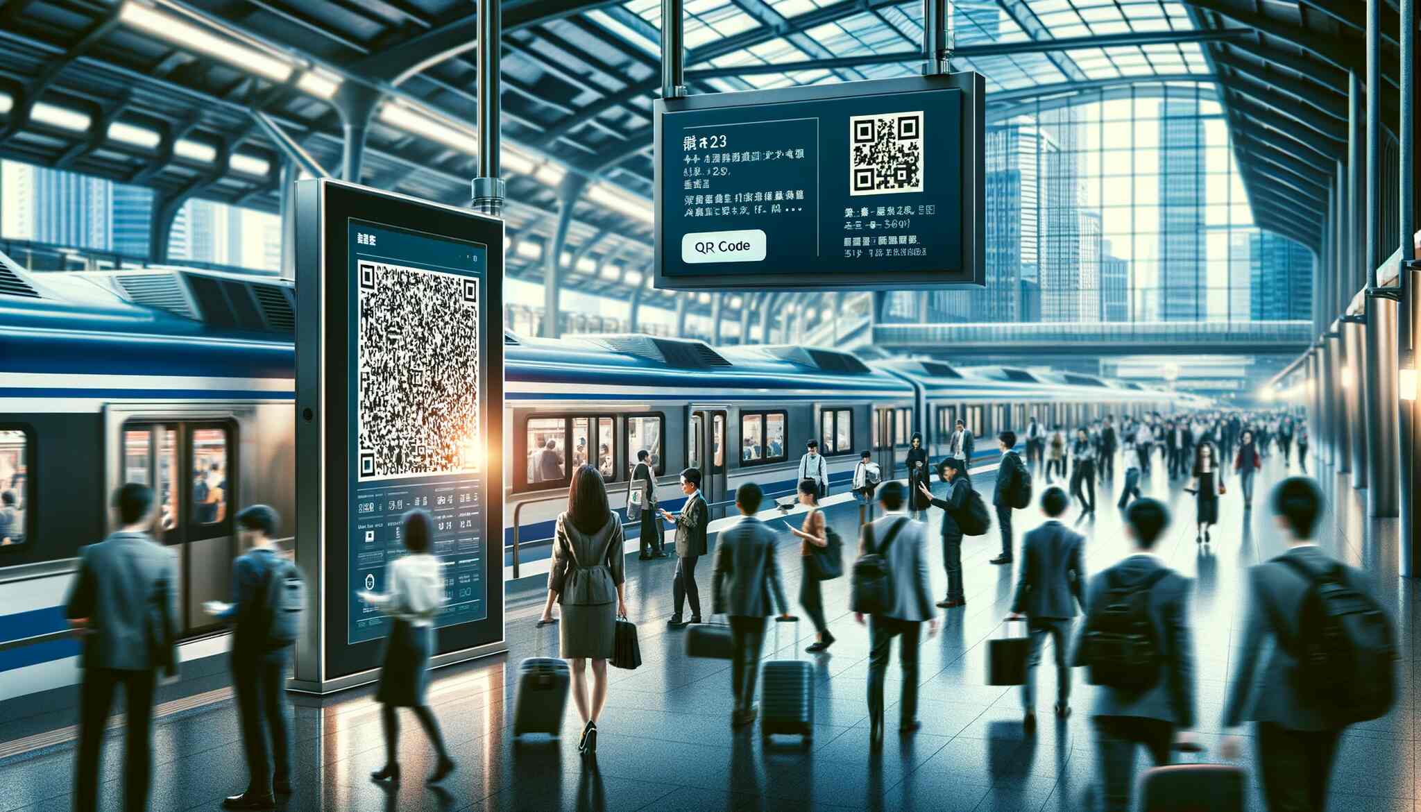 A bustling urban train station during rush hour, with a clear focus on an information board displaying a large QR code