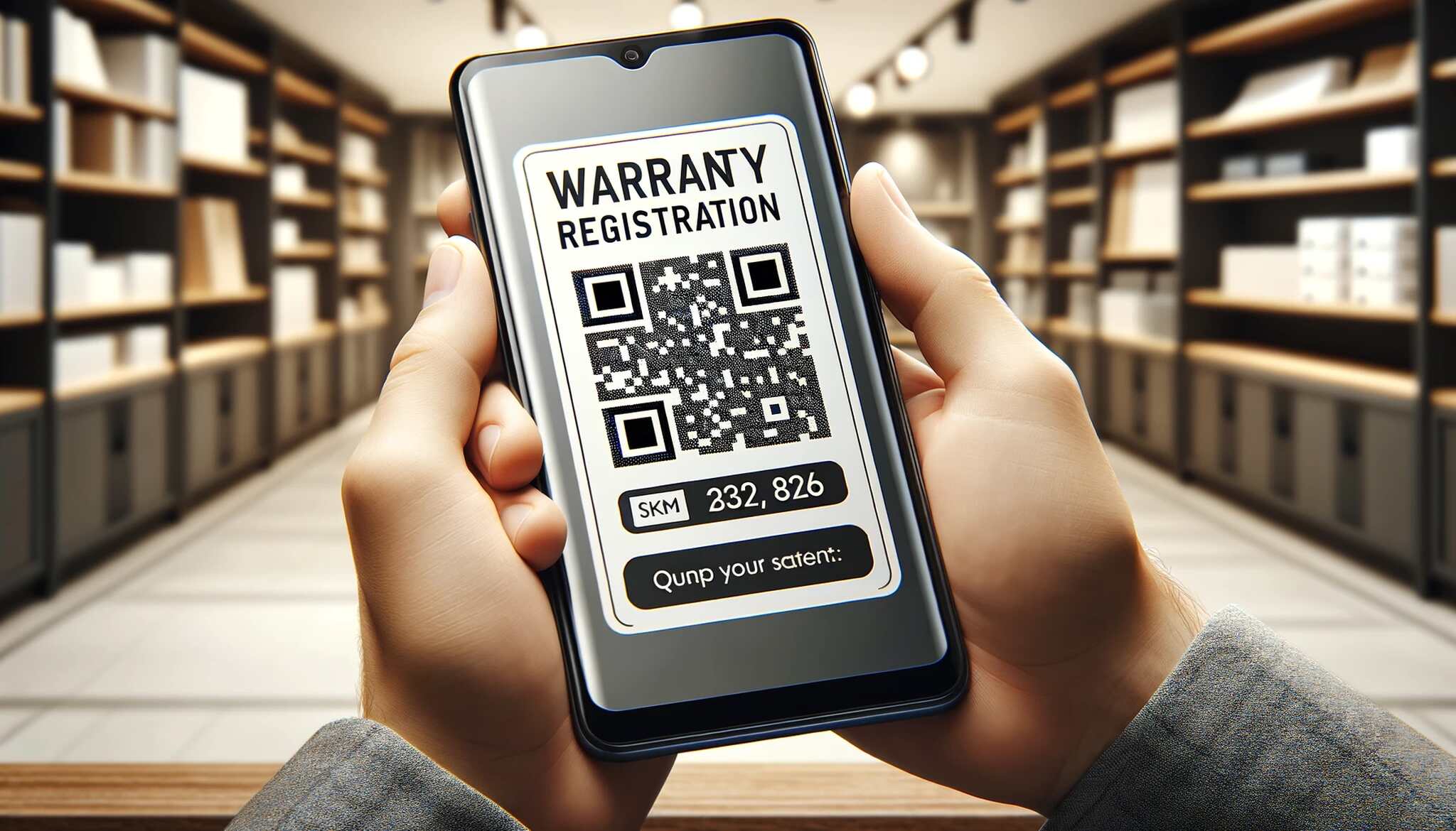 s smartphone, held in a person's hands and the screen displays a QR code for warranty