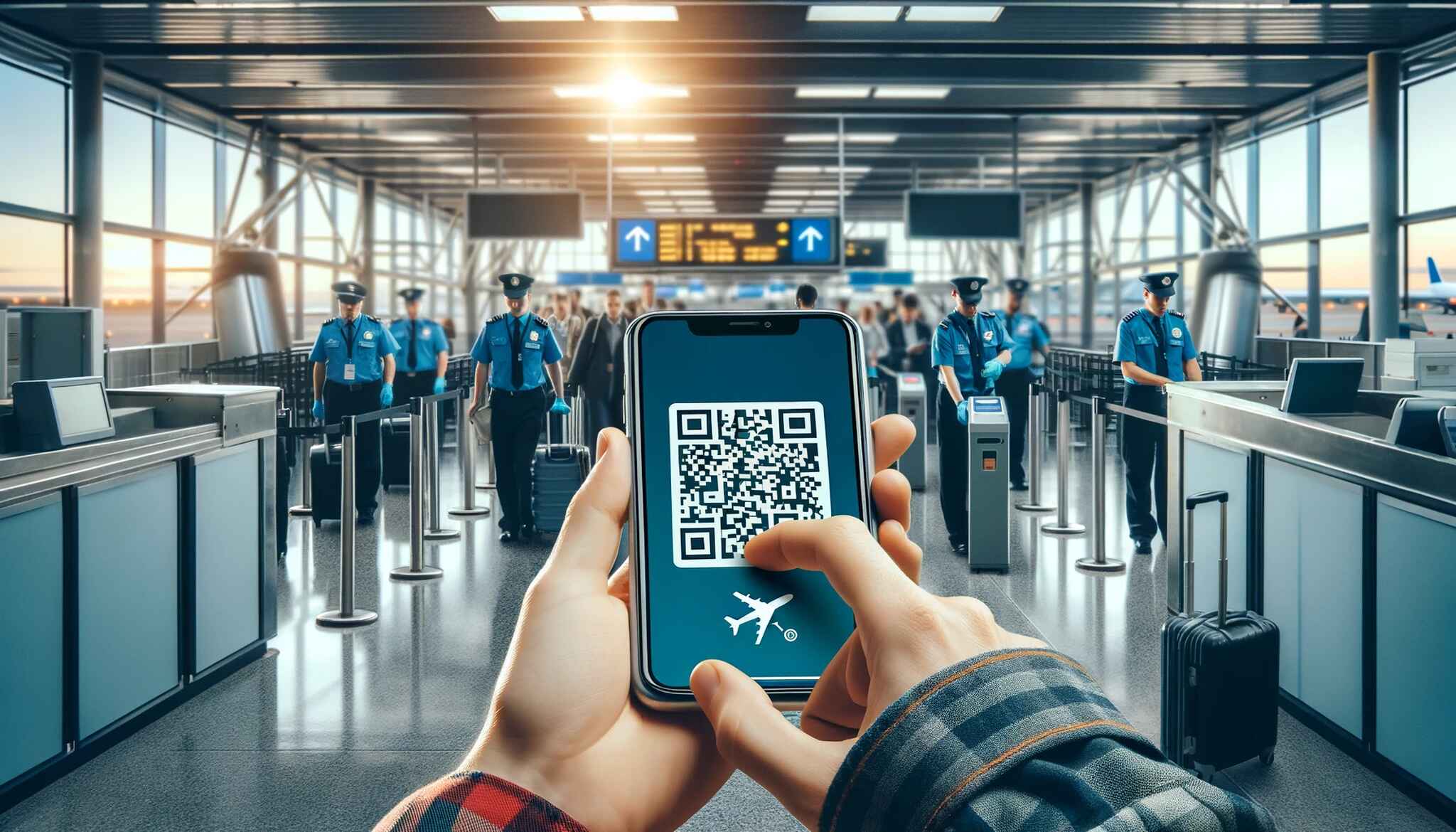  A traveler standing at an airport security checkpoint, holding a smartphone displaying a QR code on the screen to a scanner