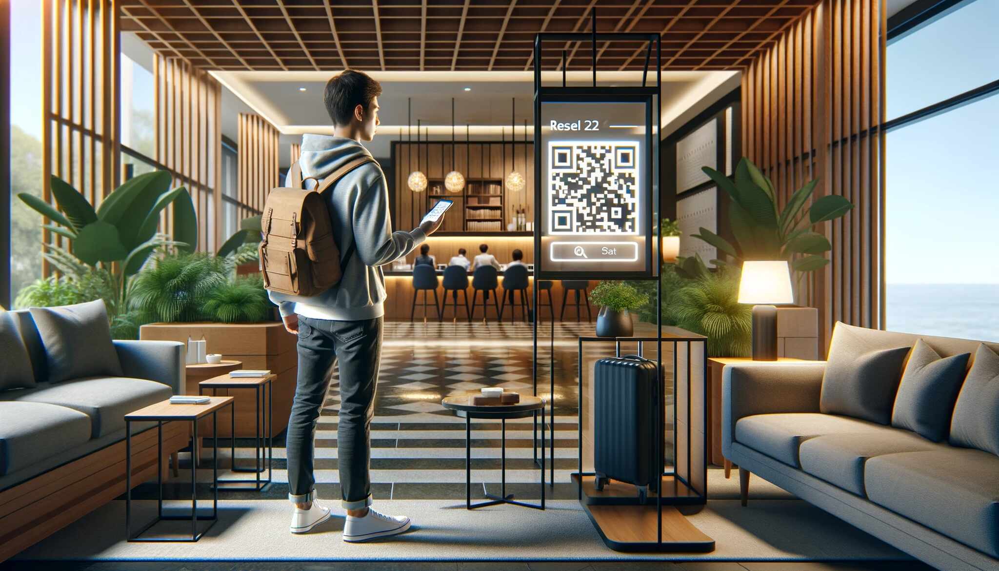 a traveler standing in a hotel lobby, looking at a digital screen displaying a QR code