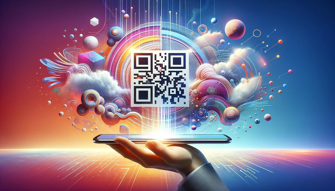 abstract illustration of a QR code and colorful background and a hand holding a smartphone