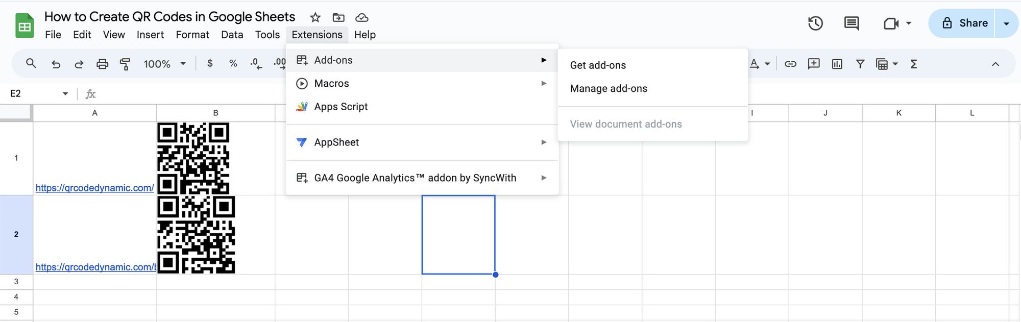 a screenshot of accessing add-ons of Google Sheets