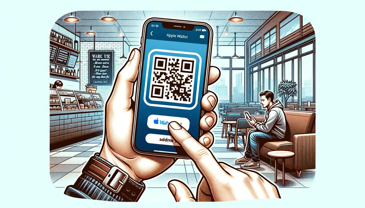 An illustration showing a person holding an iPhone, displaying a QR code on the screen with the Apple Wallet app