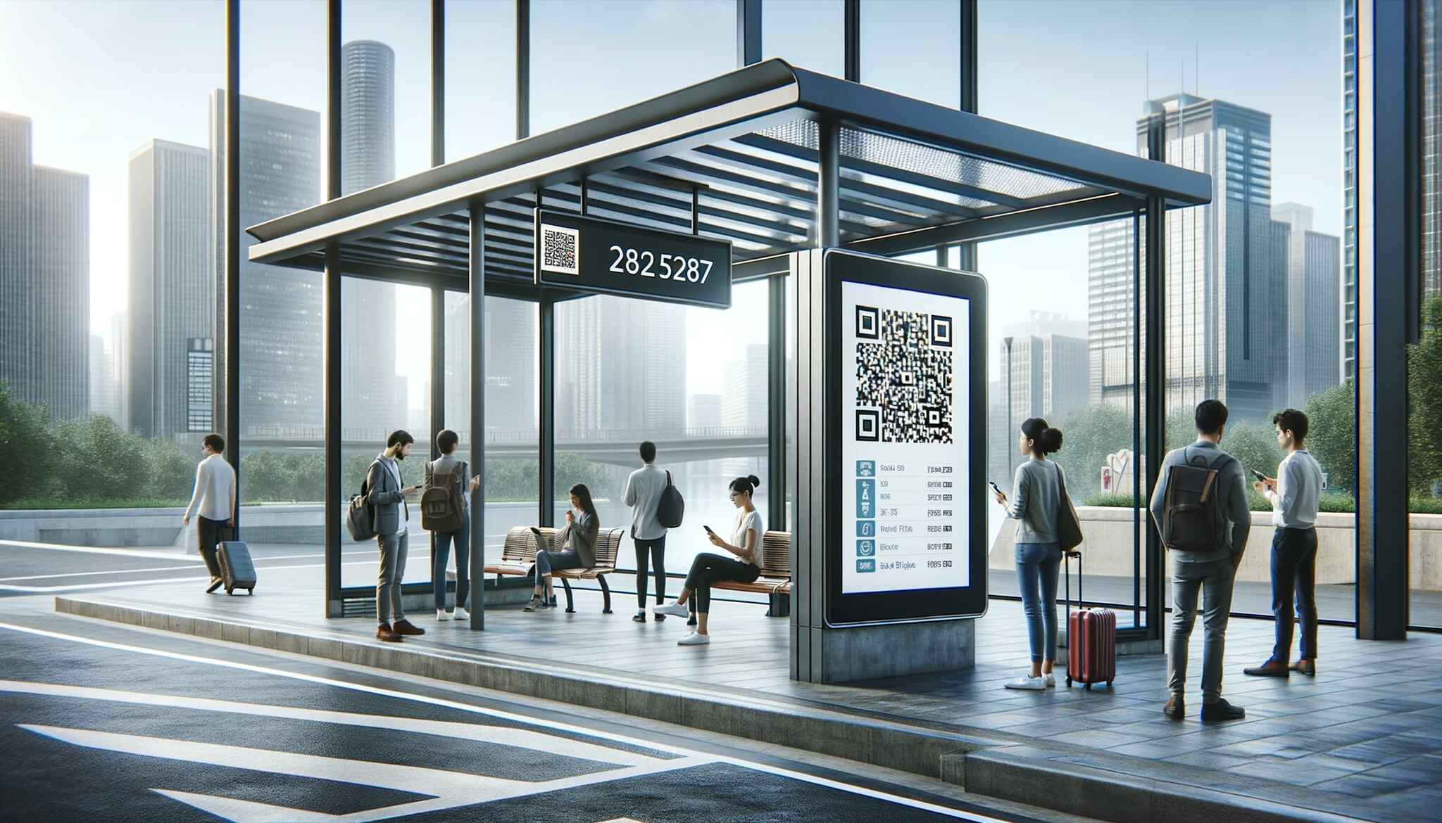 A modern and clean bus stop in an urban setting, with a digital display showing a large, easily scannable QR code