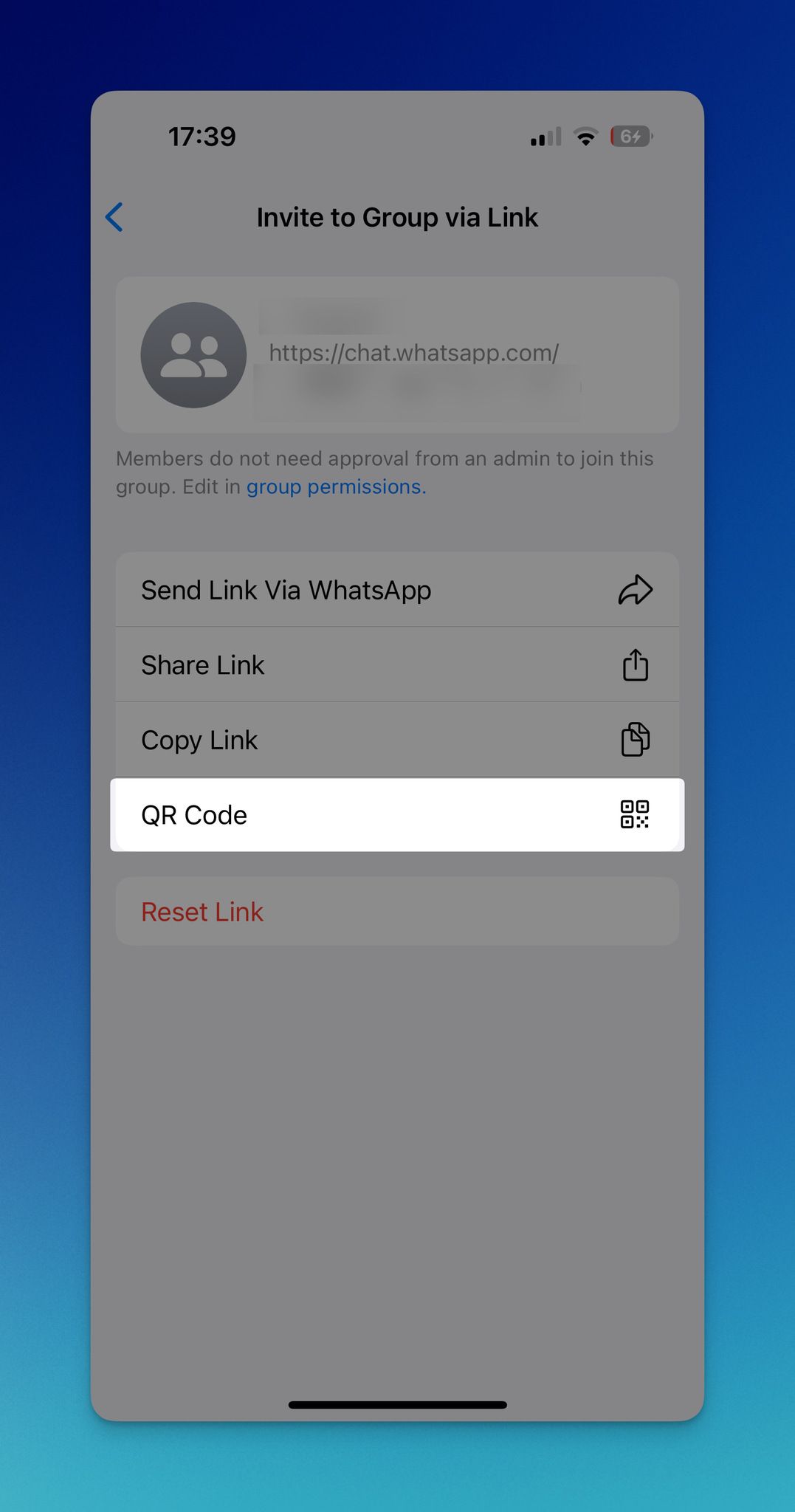 clicking QR code option on WhatsApp group settings