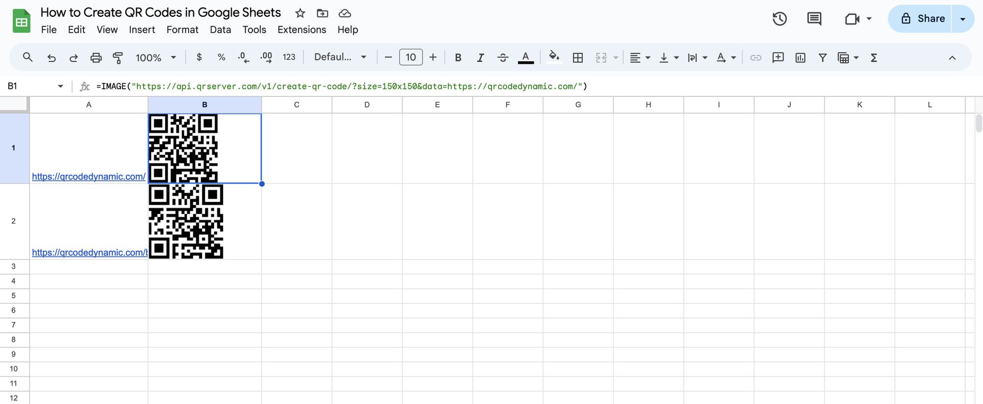 a screenshot of creating a QR code using Google Sheets