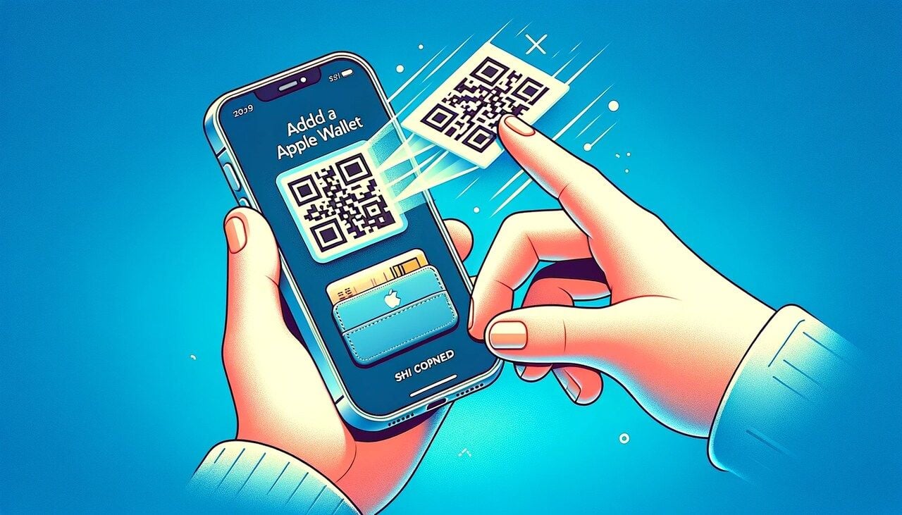  graphic illustrating the process of adding a QR code to Apple Wallet