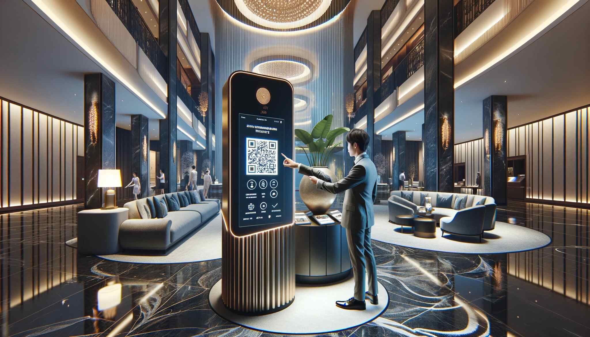 A luxurious hotel reception area featuring a QR code