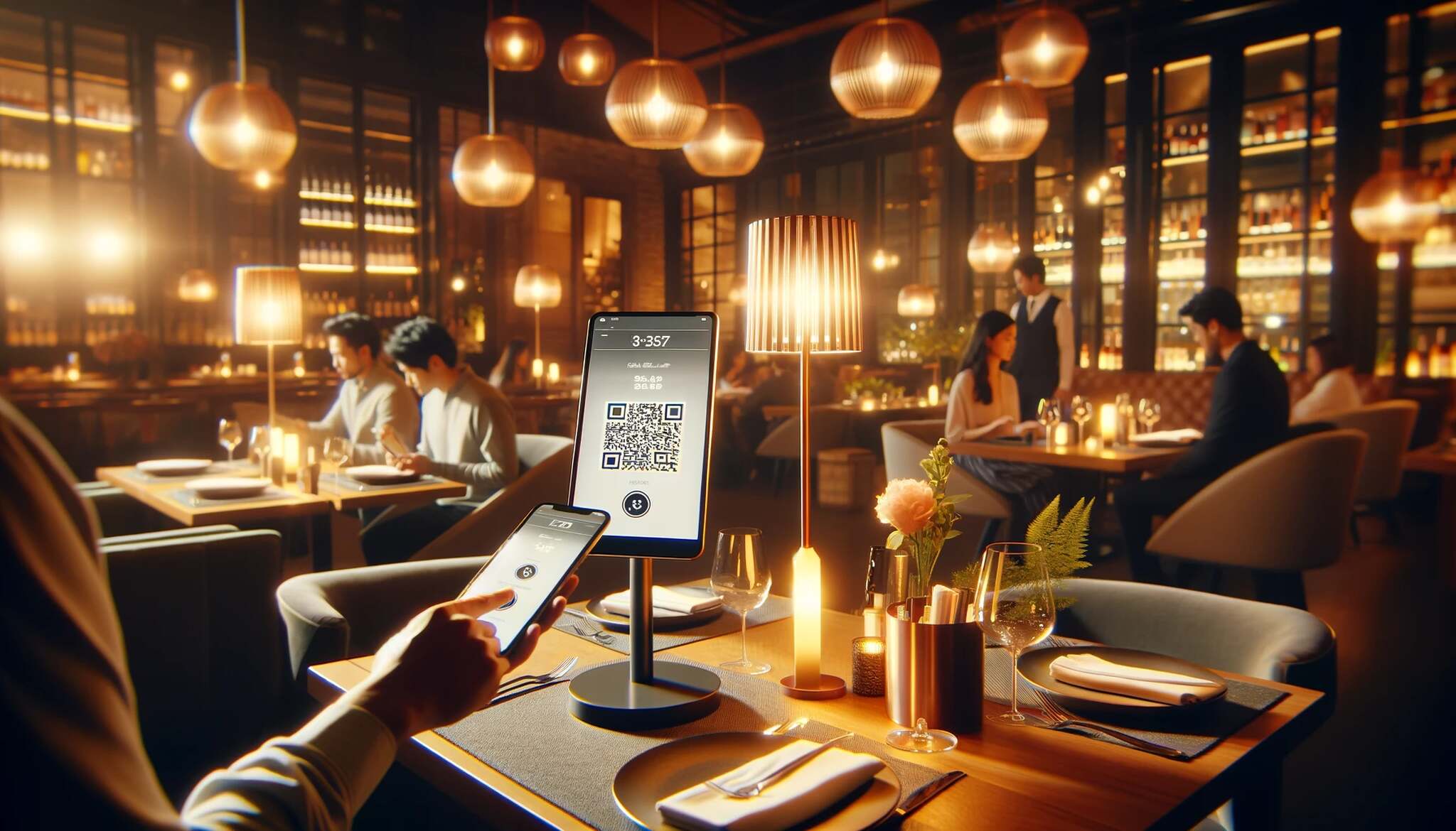 A cozy and modern restaurant interior during the evening, with warm ambient lighting and table with QR code set for dining