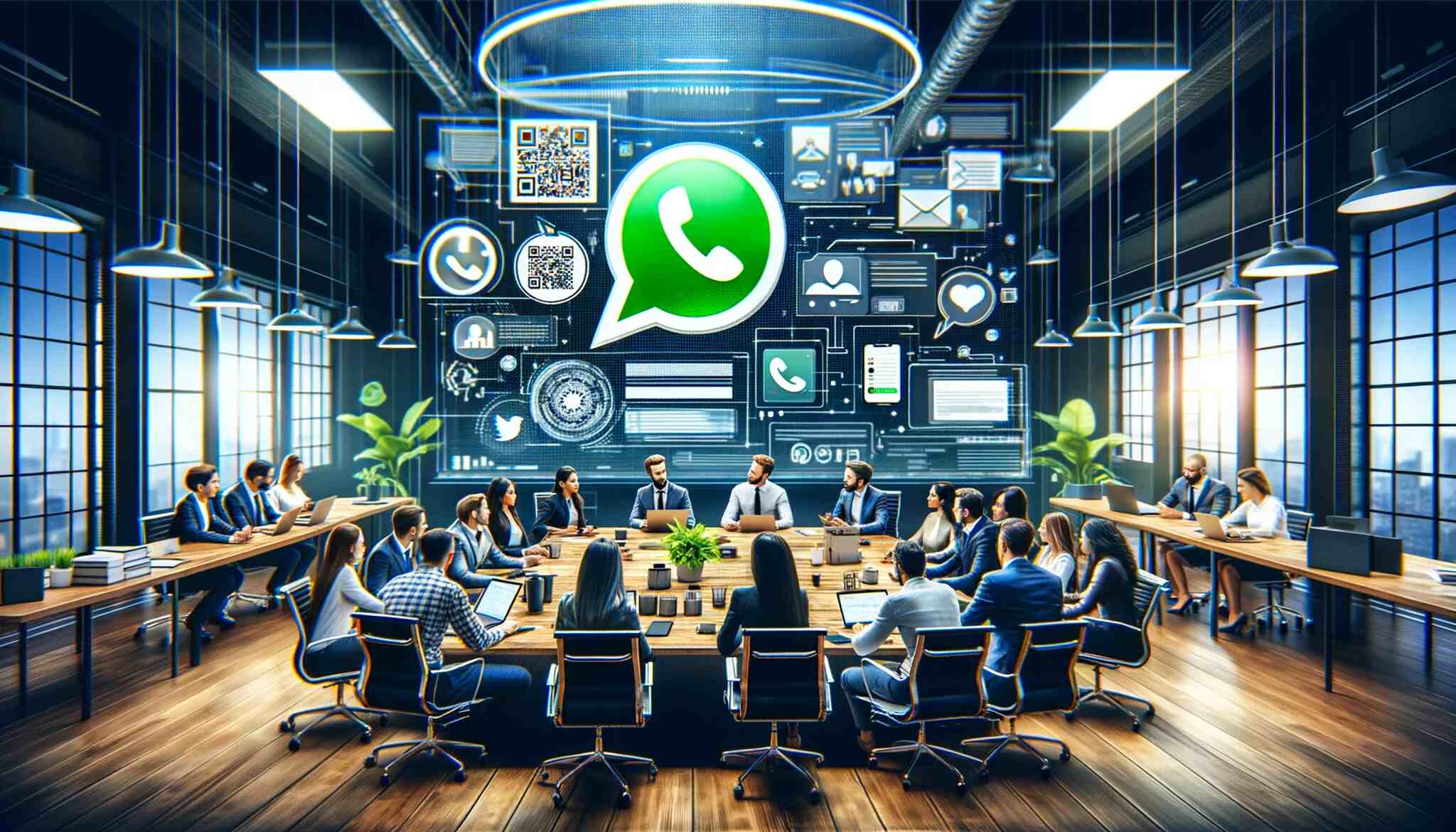 vibrant office scene where people are gathered around a large table and a WhatsApp logo with QR codes