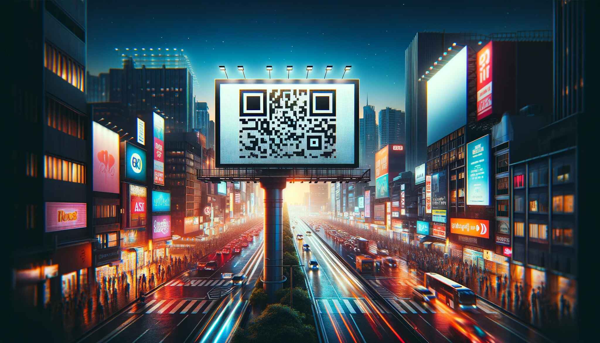 A big QR code on a billboard and cars and buildings next to it