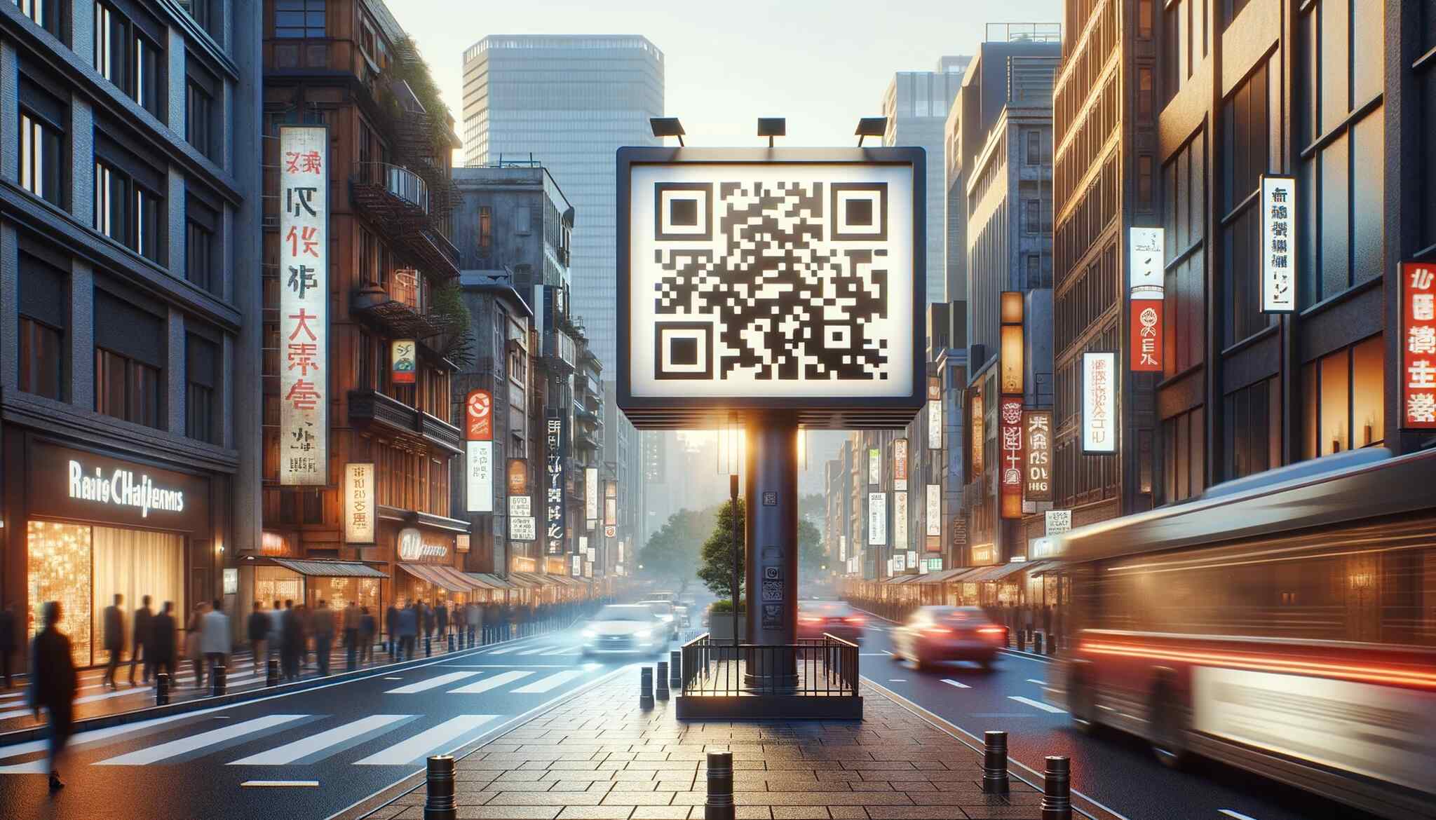 QR code on a billboard next to a moving bus