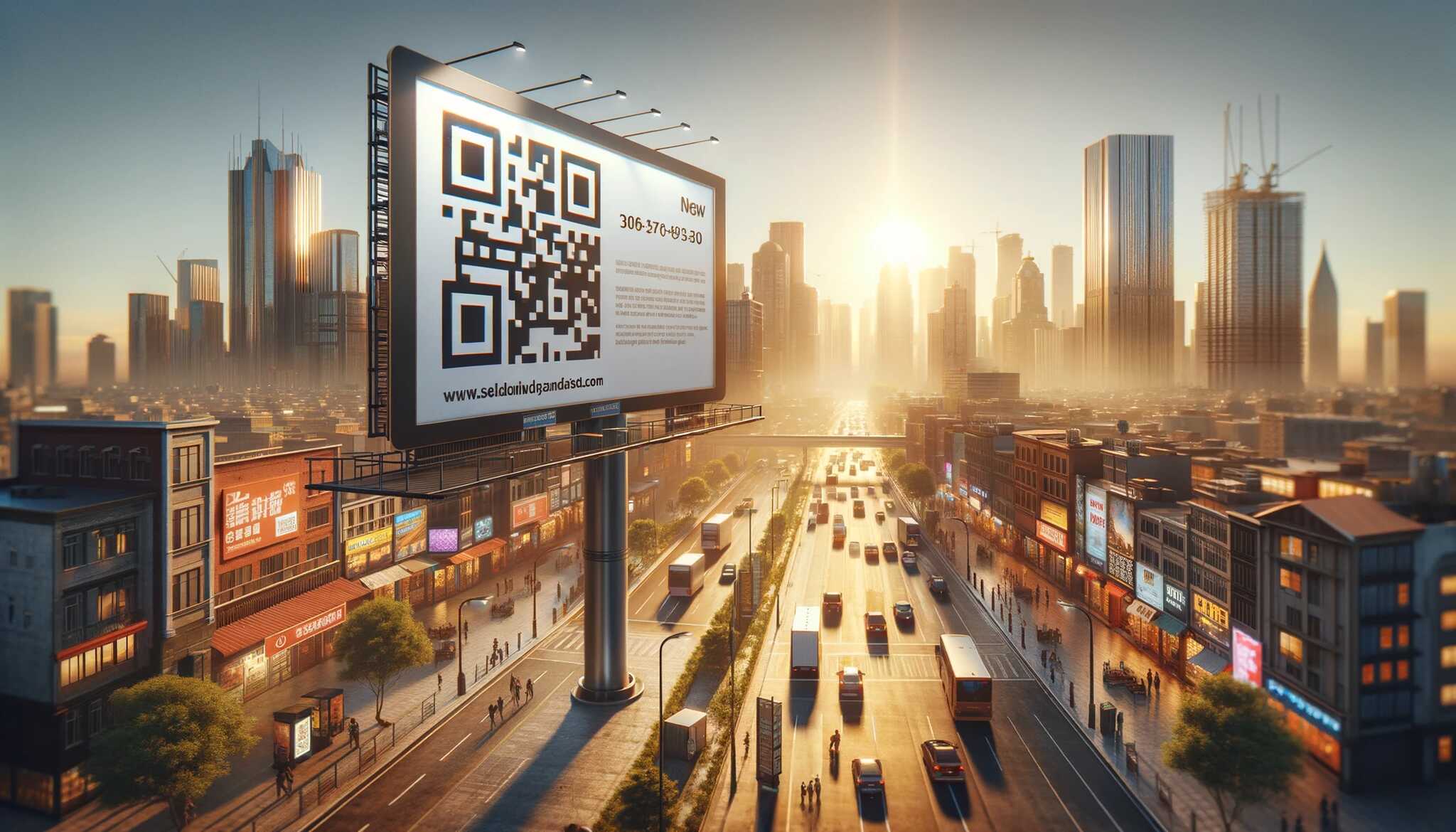 QR code on billboard within an urban setting and a busy road behind