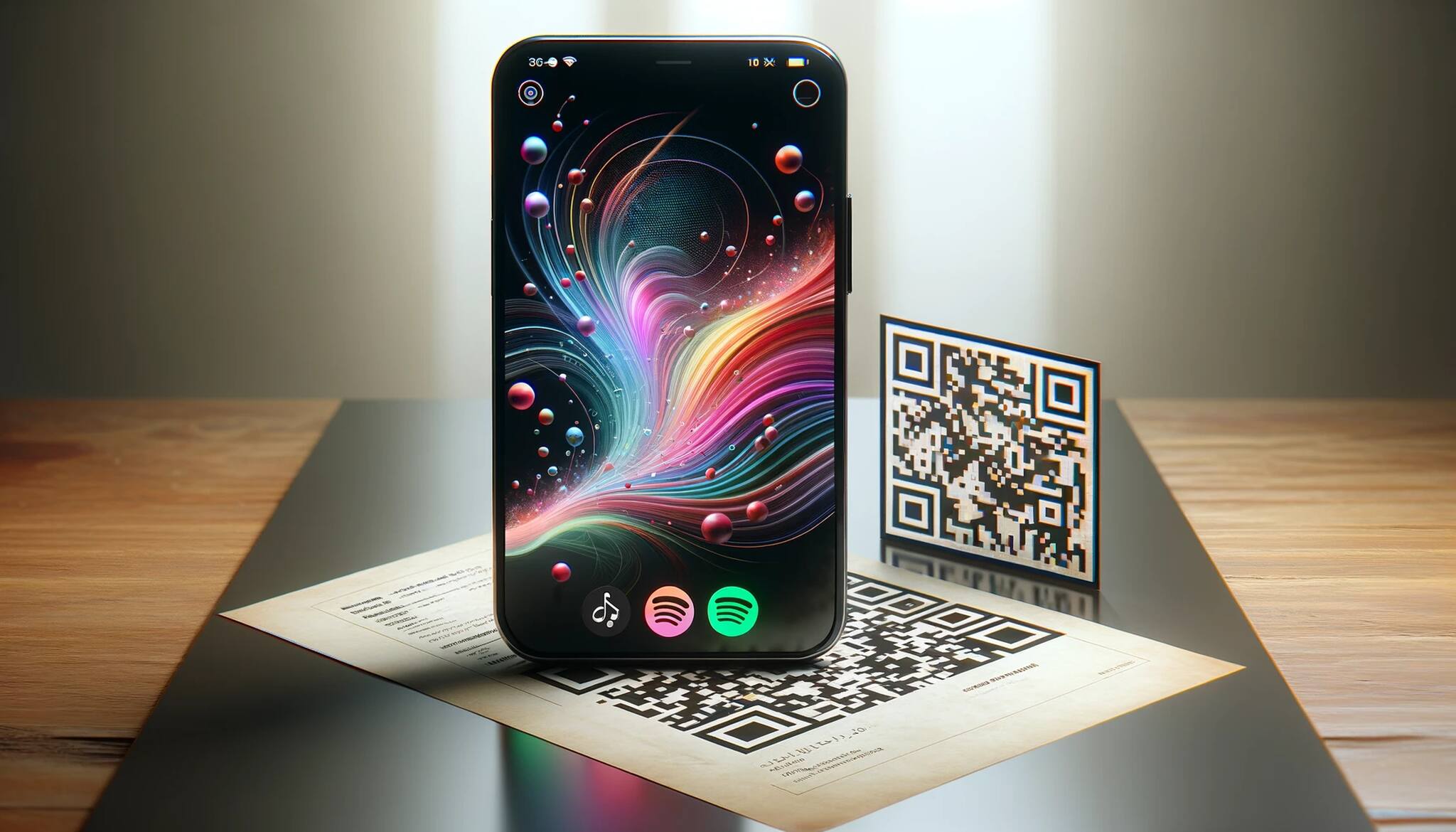 smartphone with a Spotify logo on a minimalist, clean desk and QR codes
