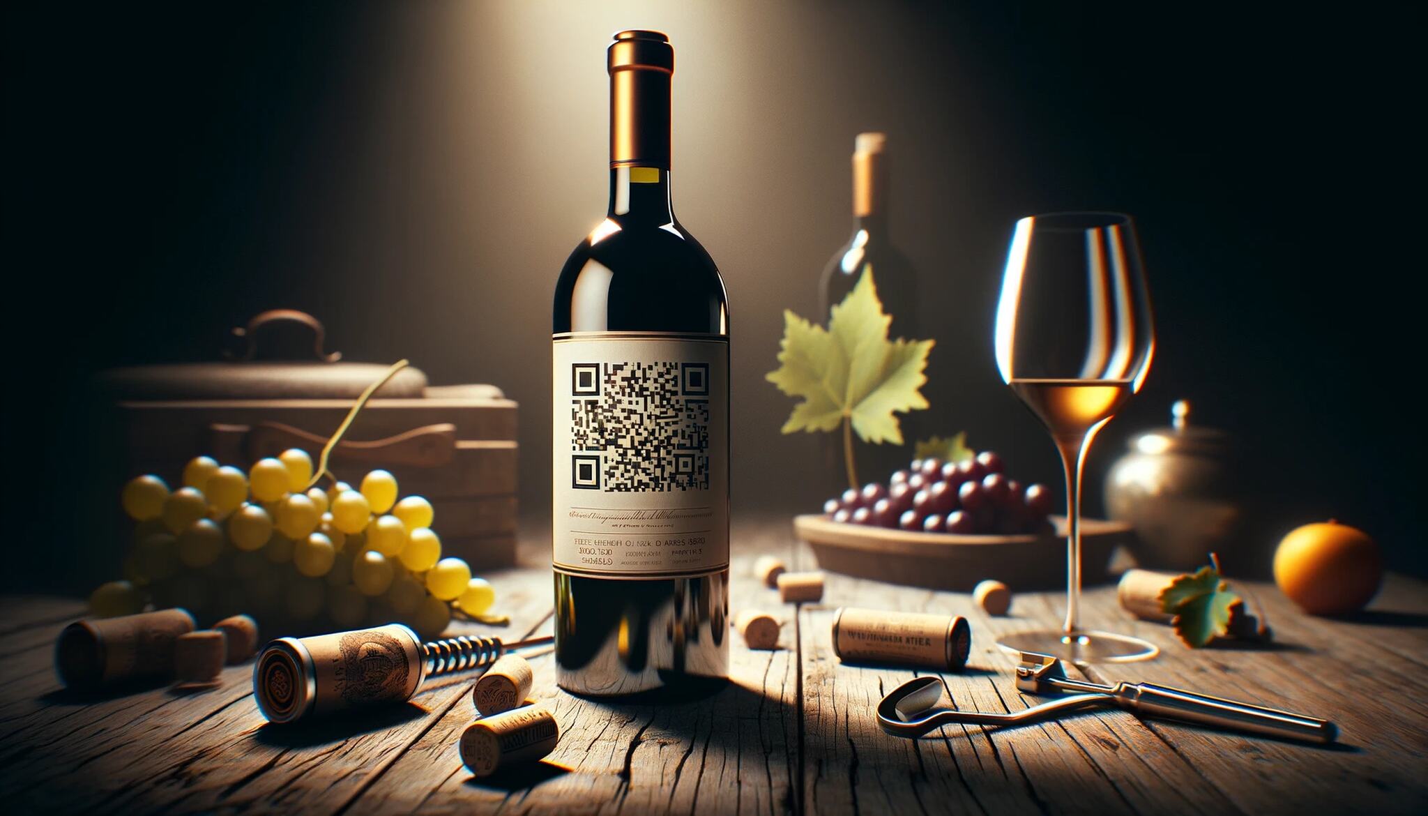 An elegant wine bottle with a label that features a QR code on a rustic wooden table