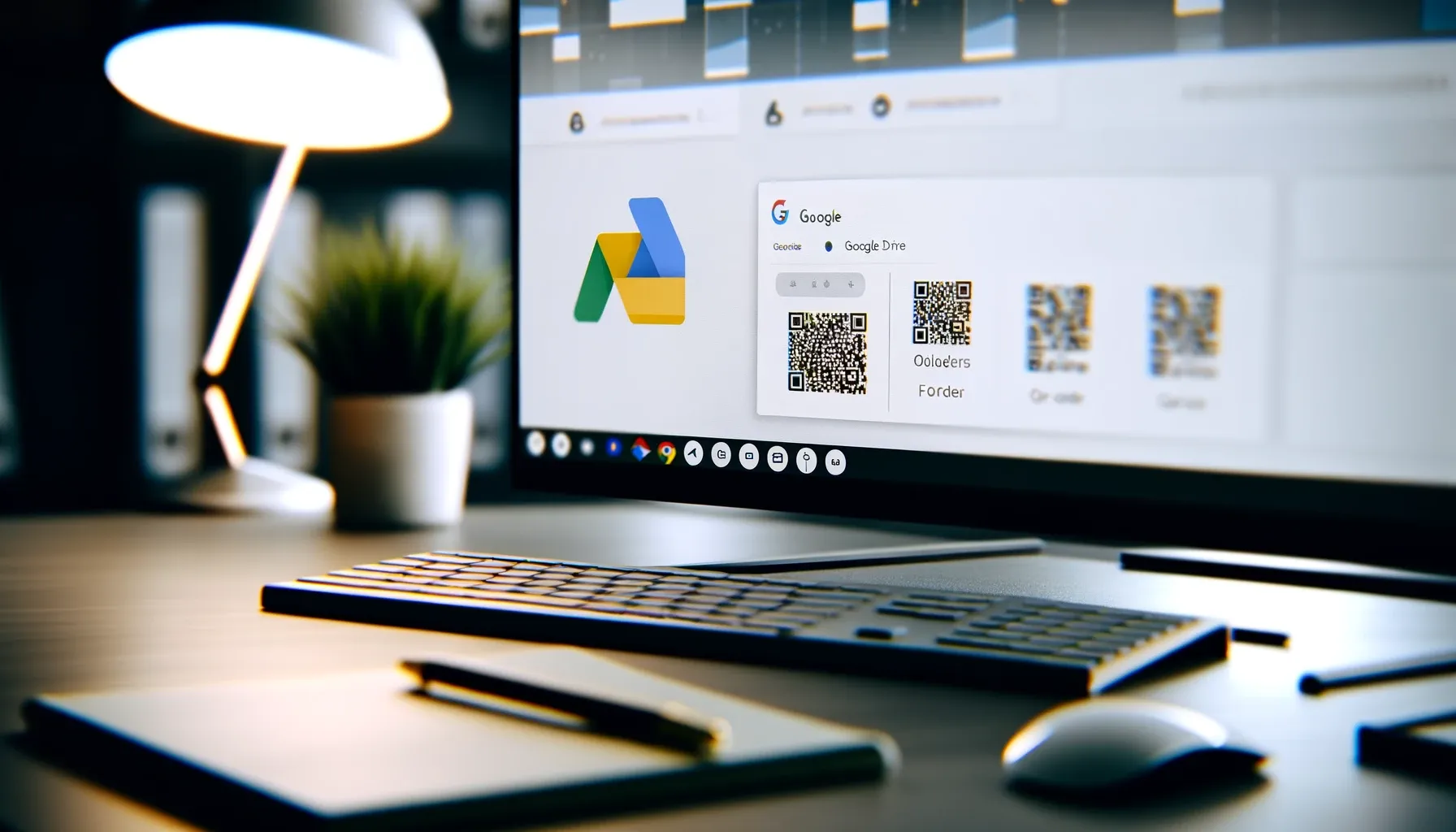 A close-up view of a workspace with a screen displaying Google Drive folders and QR codes